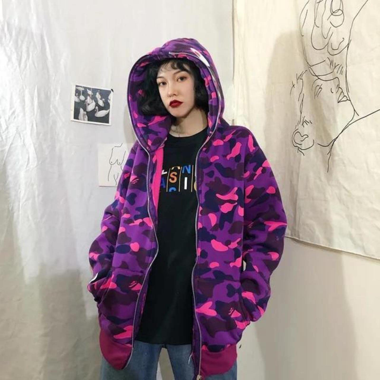 Autumn Winter Women's Sweatshirt Shark Camouflage Hoodies Loose Jackets Y2K  Japanese Long Sleeve Harajuku Hip-Hop Female Hooded Puarts Purple, S :  Amazon.de: Fashion