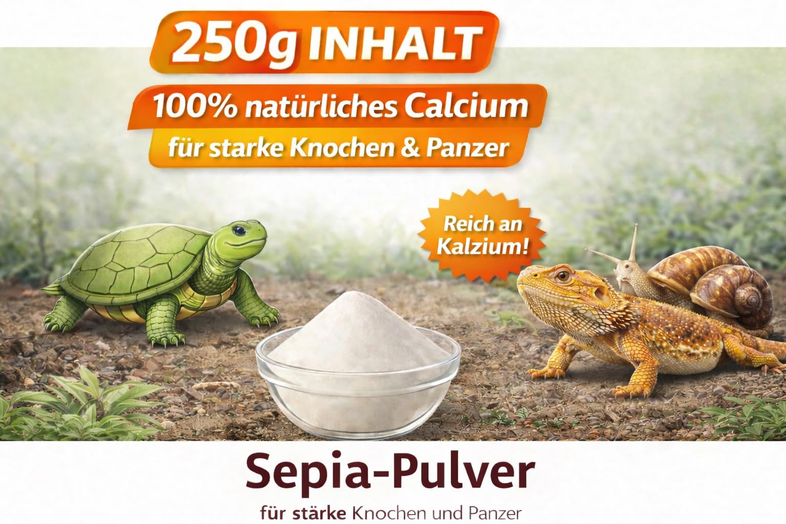 Tropic Shop Sepia proszek 250 g – naturalny wapń dla gadów, żółwi i ptaków – drobno zmielony, idealny do zapylania paszy – bardzo wydajny