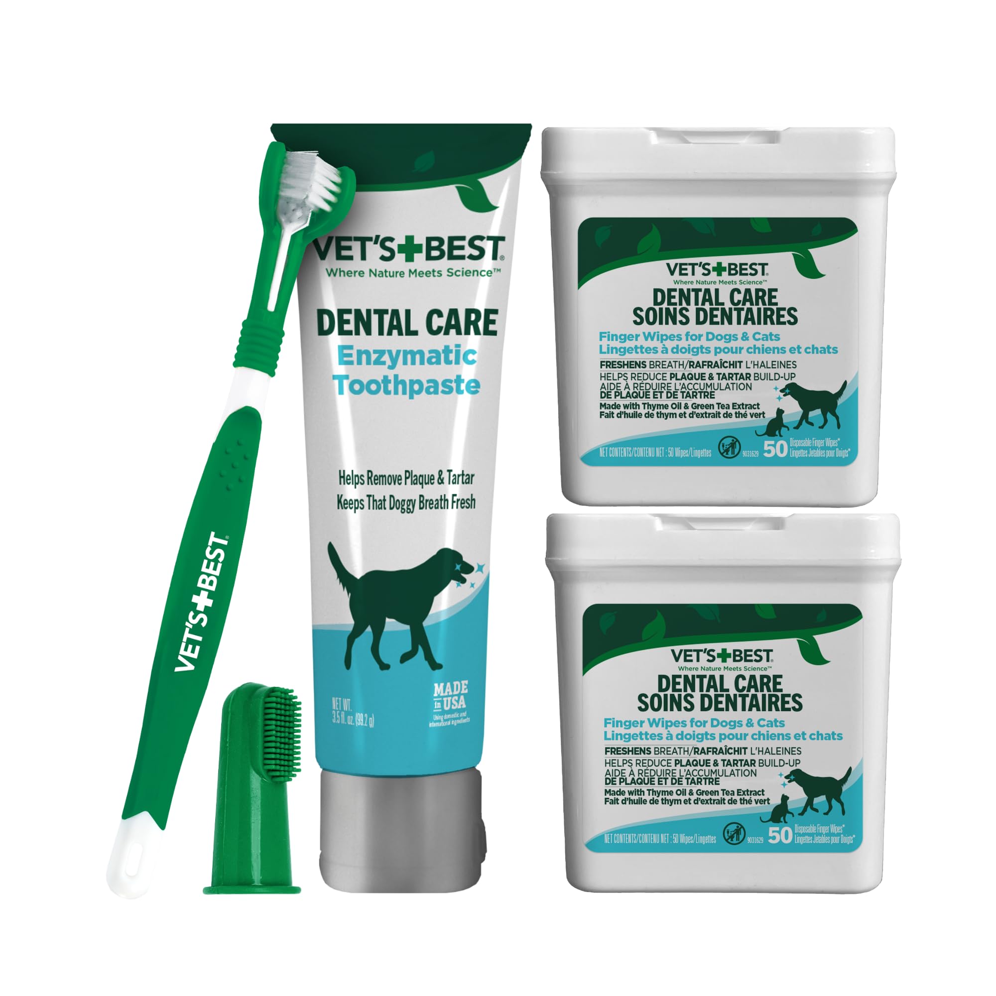 Vet's Best Kit de cuidado dental para perros y gatos – Pasta de dientes enzimática, cepillo de dientes de triple cabeza y toallitas dentales para dedos para eliminación de placa, control de sarro