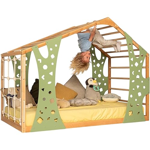 BUSY WOOD Climbing Bed for Toddler Monkey - Montessori Floor Bed Frame Jungle Gym - Twin, Full Bedframe