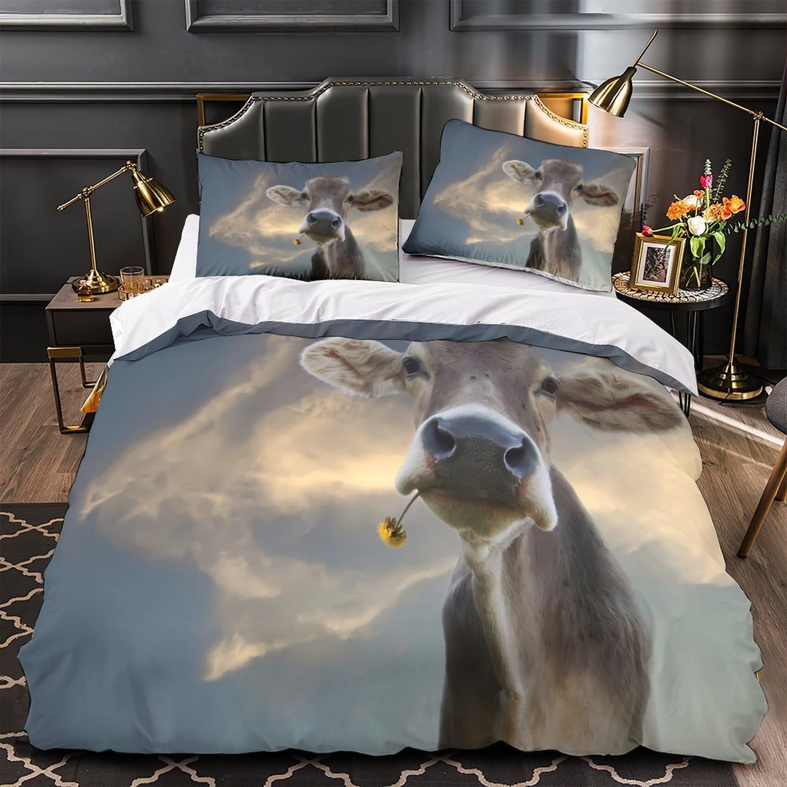 Housse de couette zippée vache 200x200 parure de lit microfibre résistante lavable pour enfant