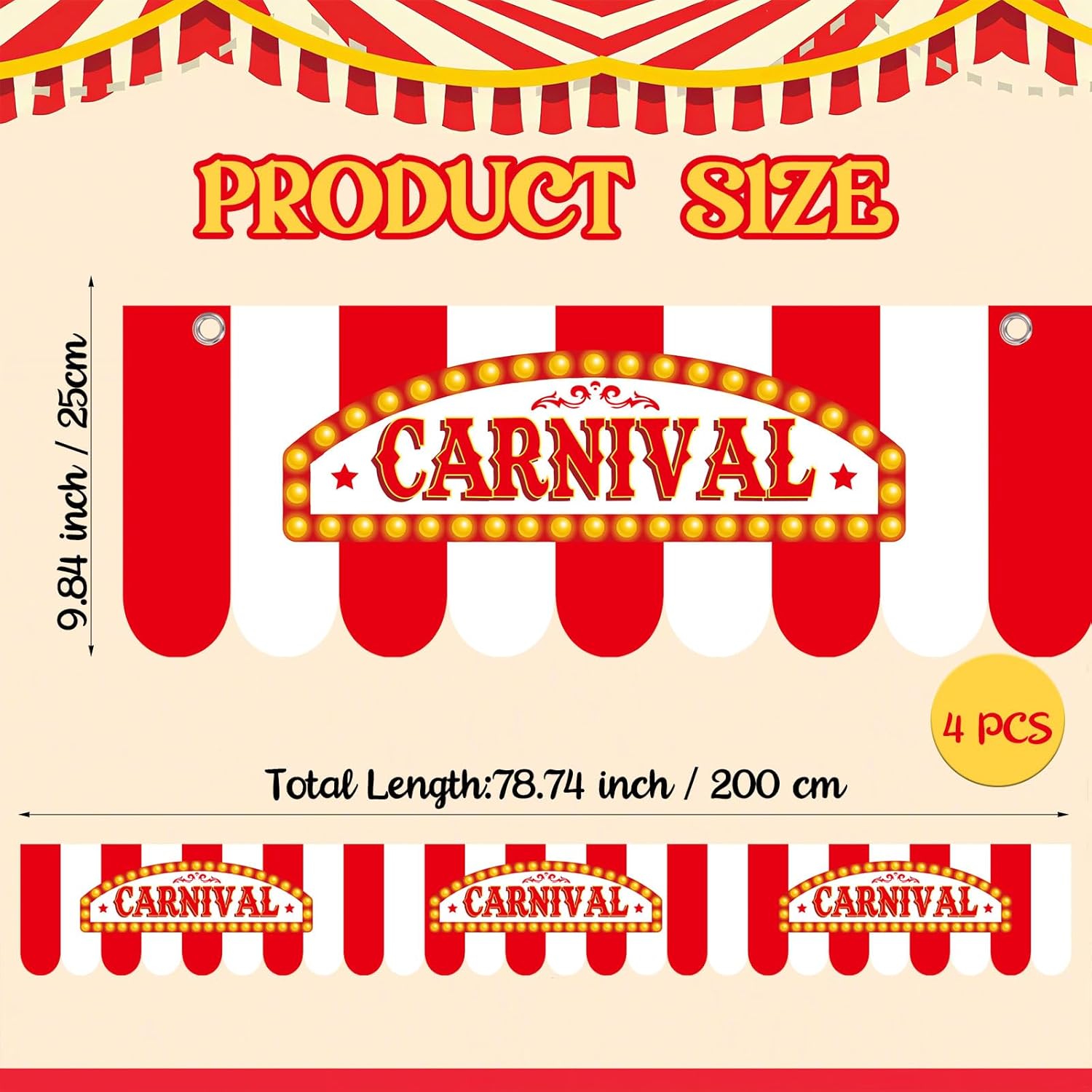 4 Pcs Carnival Awning Decorations Circus Tent Wall Decor Hanging Banners Red and White Stripe Canopy Stand Sign Circus Carnival Theme Party Supplies, 9.84 x 78.74 (Elegant) - Image 2