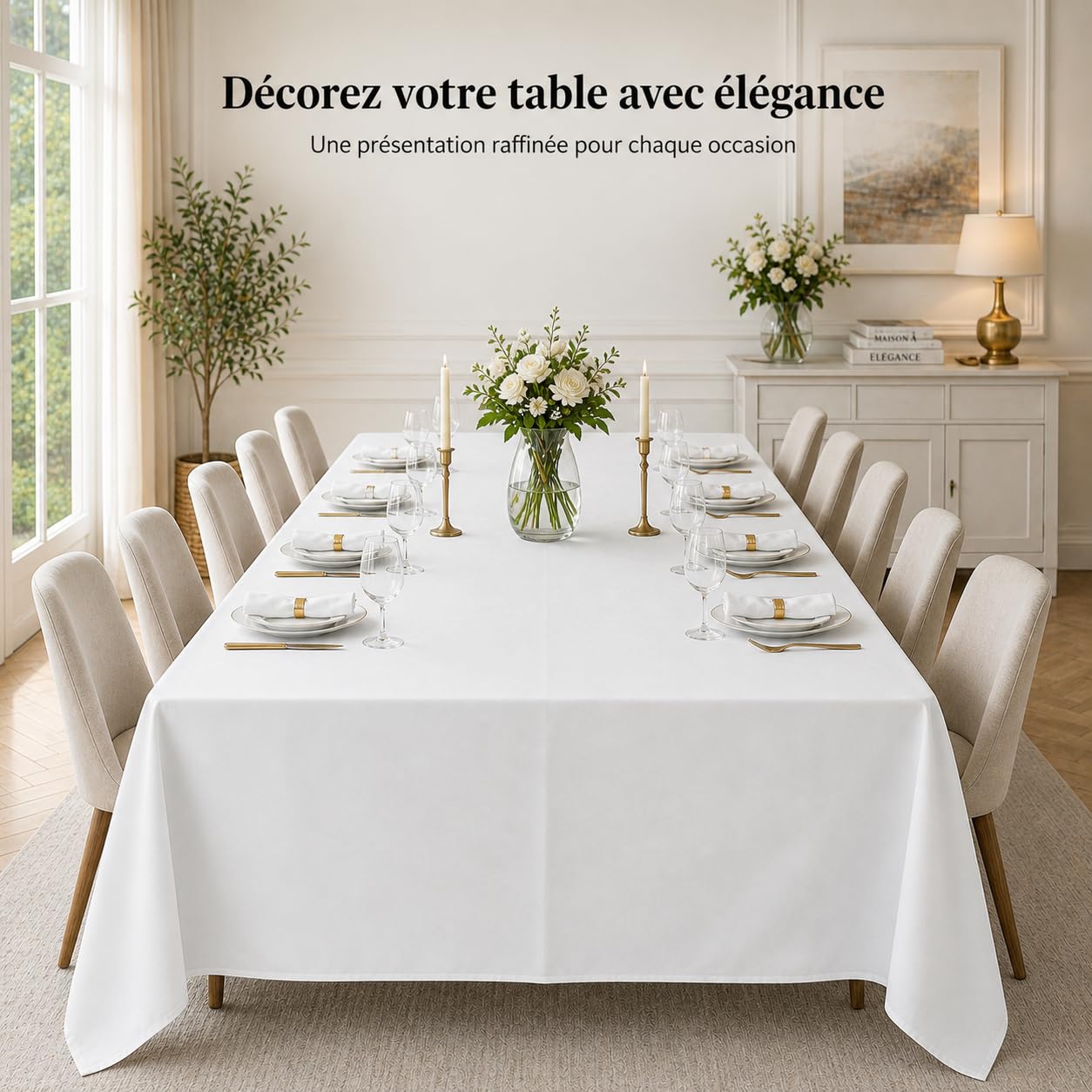 6 manteles rectangulares blancos de 229 x 335 cm, mantel de poliéster, manteles blancos para mesa rectangular impermeable, resistente a las manchas, lavable, en volumen, para bodas, buffet