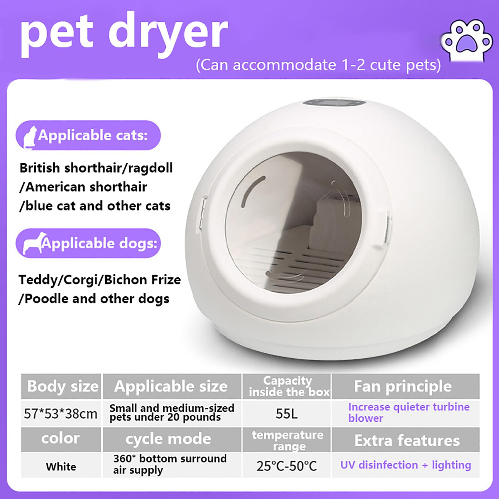Automatische Haustier Trocknungsbox, Extrem Leise Hunde-Trocknungsbox für Katzen und Kleine Hunde, mit Einstellbarer Temperatur und Zeitsteuerung und 360 Warmem Wind,220V