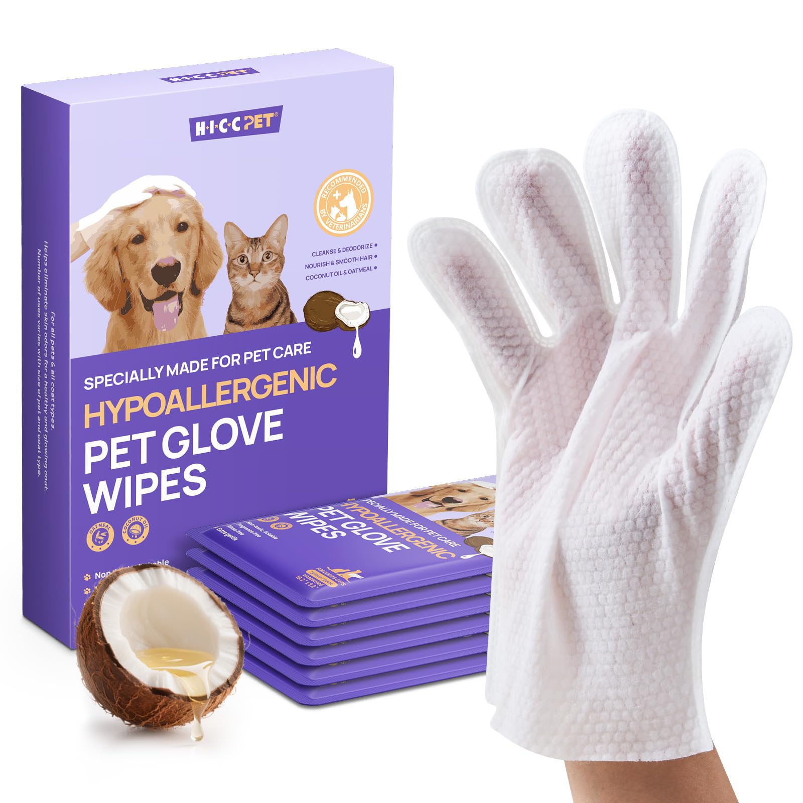 HICC PET Grooming & Moisturising Glove Wipes for Dogs & Cats,Dog Wipes with Coconut Oil, Vet-Recommended Pet Cleaning Wipe for Sensitive Skin,Hypoallergenic for Horses (4 Pieces, Unscented)