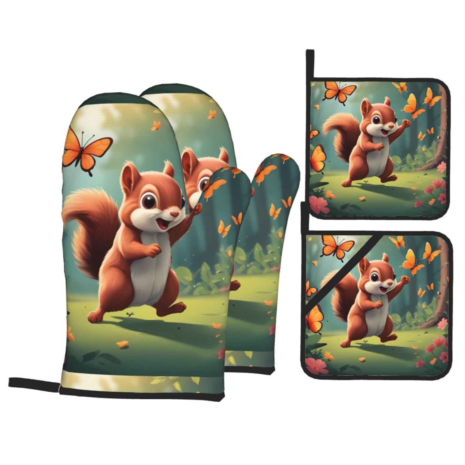 HJFCZH Squirrel Chasing Butterflies Picture Kitchen Baking Set of 4 Thick Insulated Oven Mitt & Pot Holders, Anti-Scalding for Microwave, Oven, Outdoor BBQ
