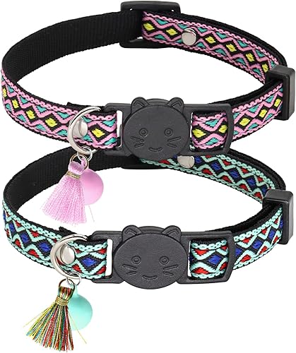 Giecooh Paquete de 2 collares de gato con campanas, ajustables con bonito patrón tribal para niños y niñas, verde + rosa