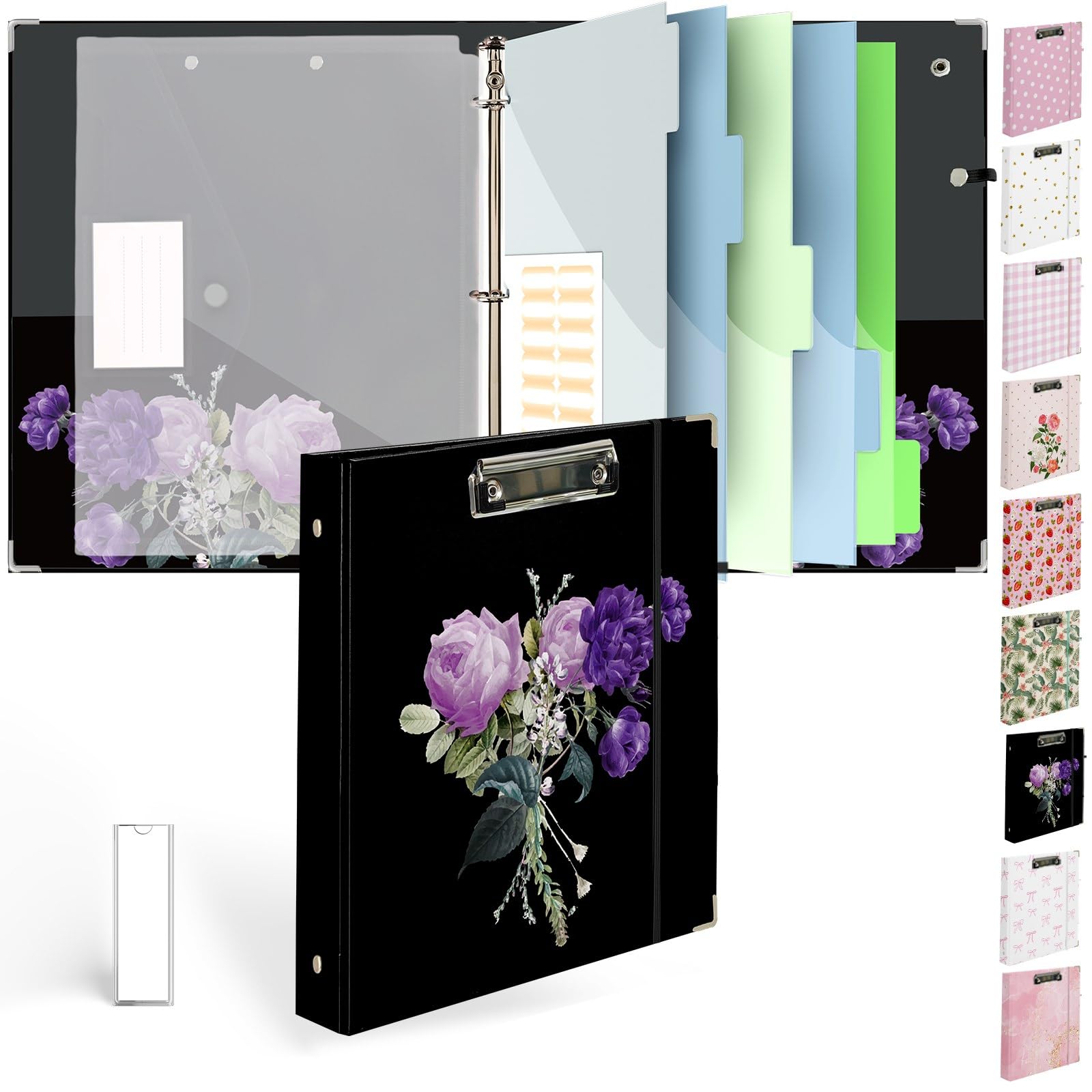 Etzul 3 Ring Binder 1 inch with Clipboard - Purple Roses Bouquet Design, Includes Dividers, File Bag & Spine Label - Bold and Sophisticated for Office