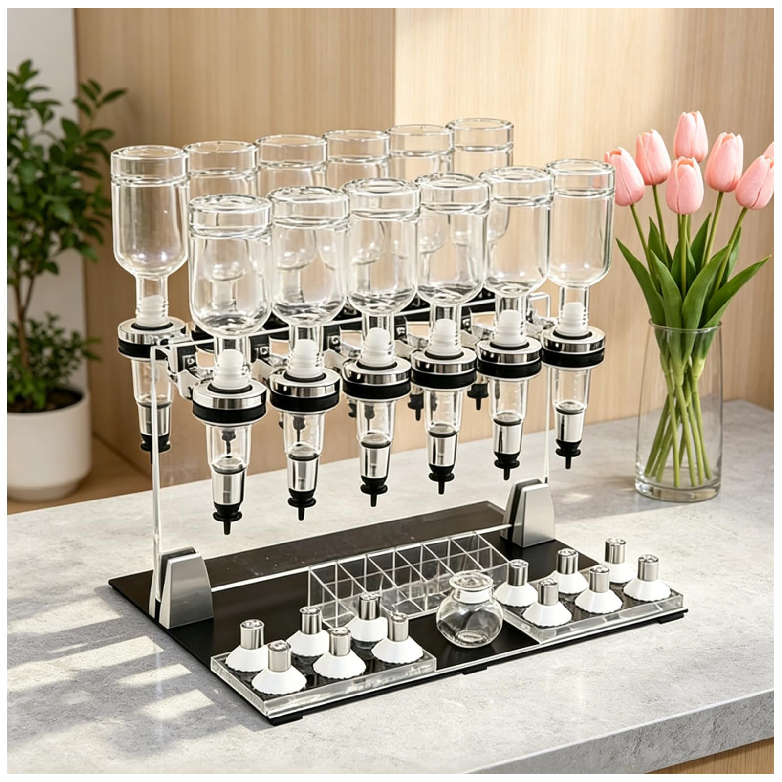 ZHENYUWANG Desktop Perfume Filling Machine, Manual Perfume Dispenser, Includes 12 Bottles And 12 Perfume Sample Cups, Suitable For Bars, Studios, And Salons