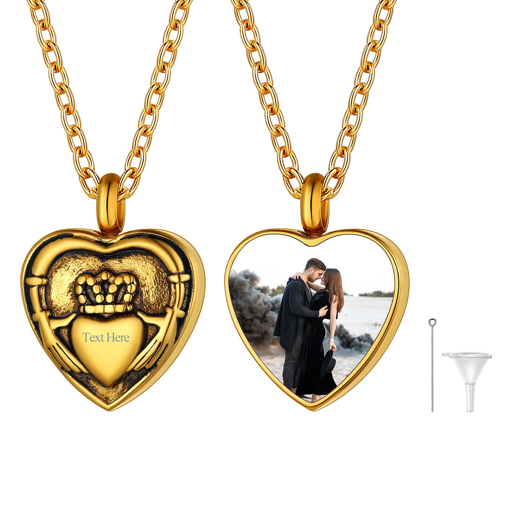 Richsteel Colgante para Cenizas con Foto Personalizable Recuerdo, Diseño Redondo/Dog Tag/Corazón/Arbol de Familia/Alas de Ángel/Girasol/Nudo Claddagh, con Collar y Accesorios para Echar Cenizas