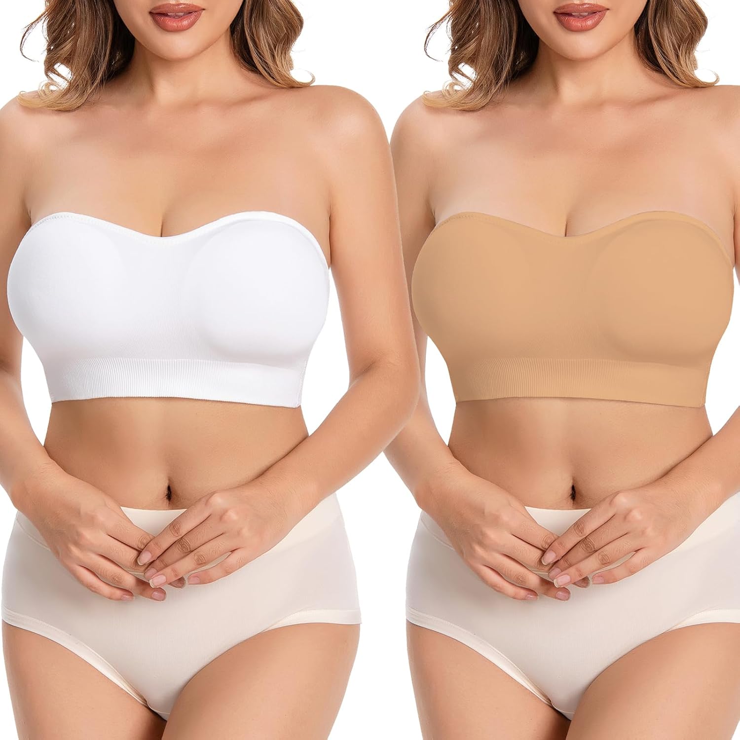 Women Strapless Bra Bandeau Bra Padded Tube Top Bra Non-Slip Silicone Wirefree Bandeau Bralette(L,Beige+White)