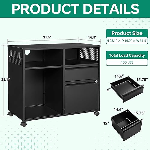 Miniatura 3 de Letaya Archivador móvil, soporte lateral de metal para impresora, archivador con estantes para oficina en casa, almacenamiento A4F4letralegal (negro)