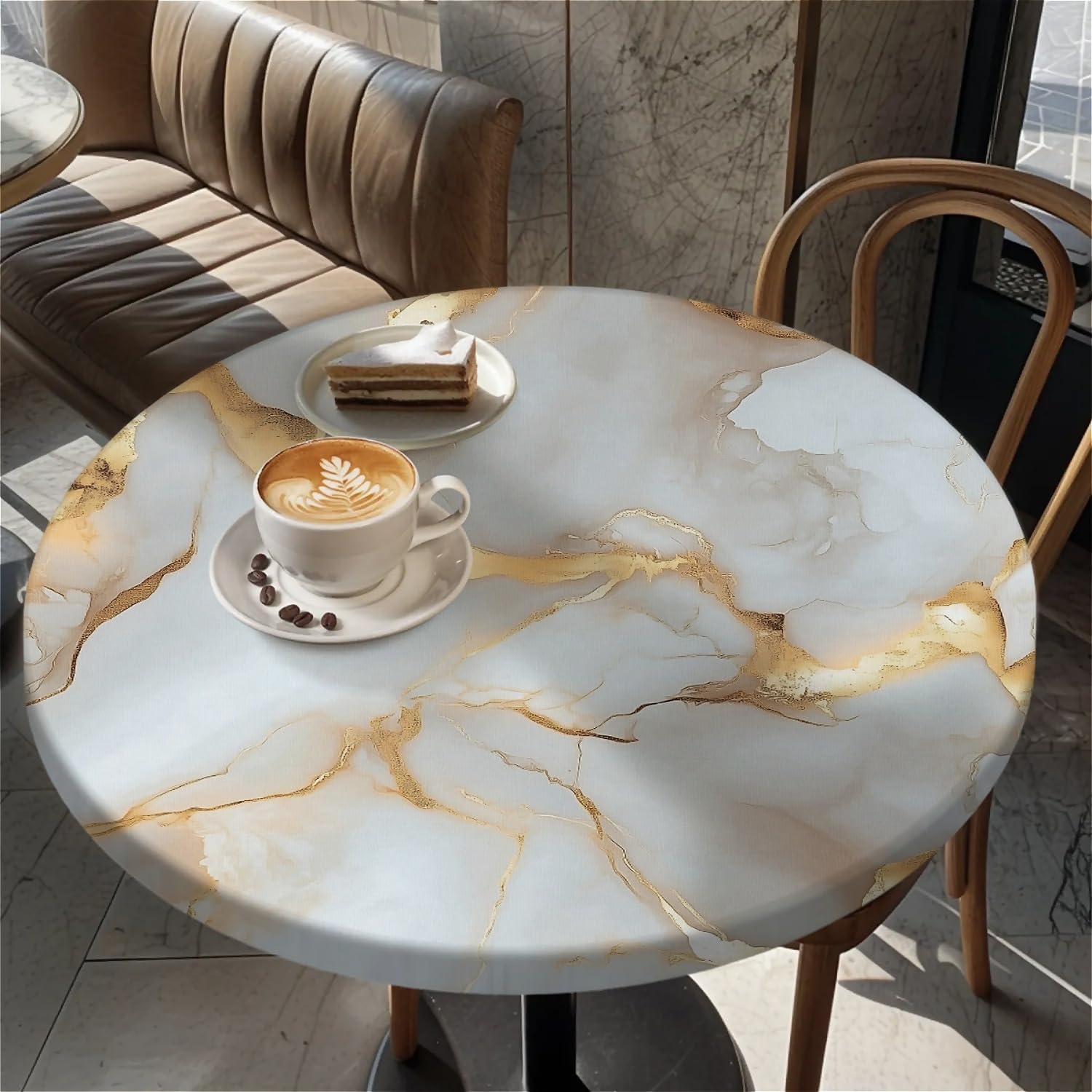 Waterproof Round Tablecloth with Elastic Edge, Fitted Round Table Cover Wipeable Summer Tablecover Fits Tables up to 53”-60“ for Kitchen Picnic Party, White Gold Marble