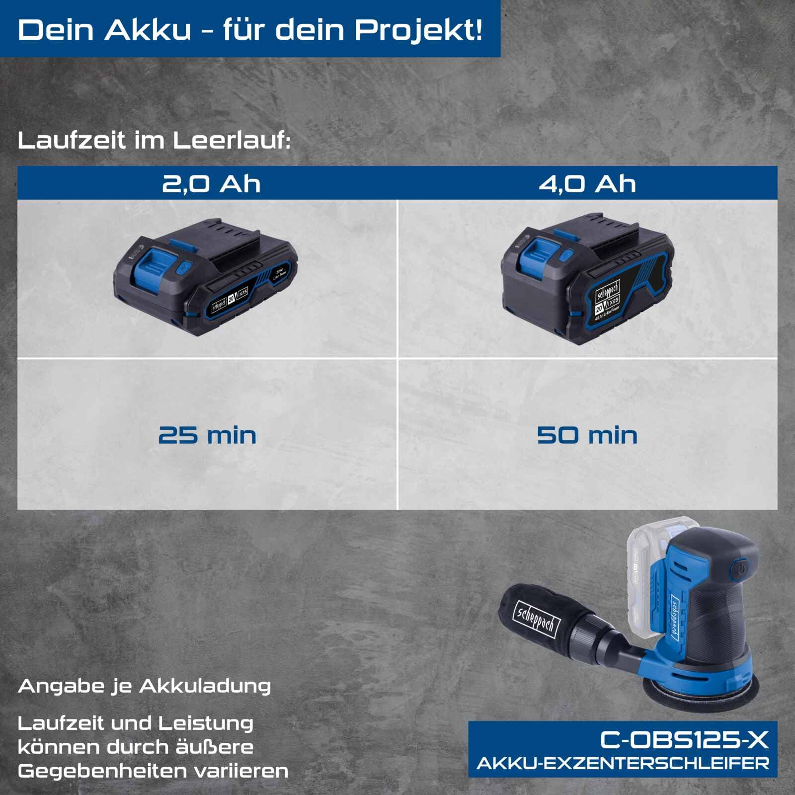 Scheppach Ponceuse excentrique sans fil C-OBS125-X - Série 20V IXES - Plateau de ponçage Ø 125 mm - Circuit oscillant 2 mm - Vitesse d'oscillation max 24000 tr/min - 1 batterie 4Ah + chargeur