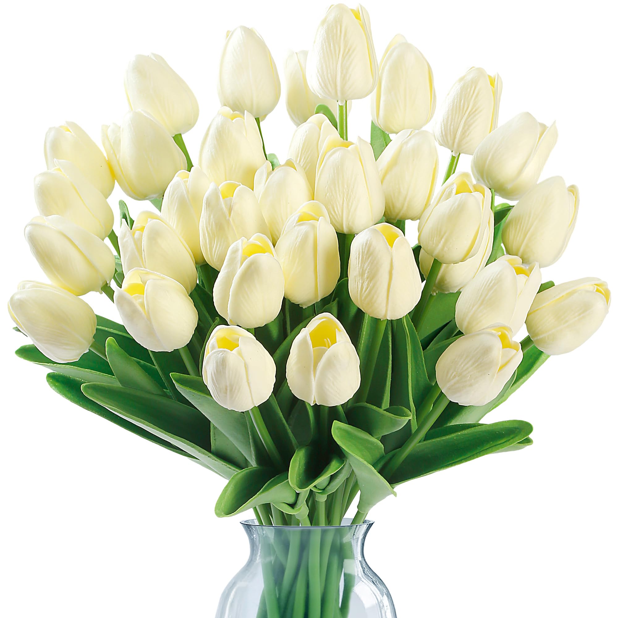 Sggvecsy 30 Pcs Fake Tulips Artificial Flowers Real Touch PU Faux Flowers Tulip Stems for Wedding Spring Bouquet Floral Arrangement Home Party Office Decorations for Mother's Day (Milk White)