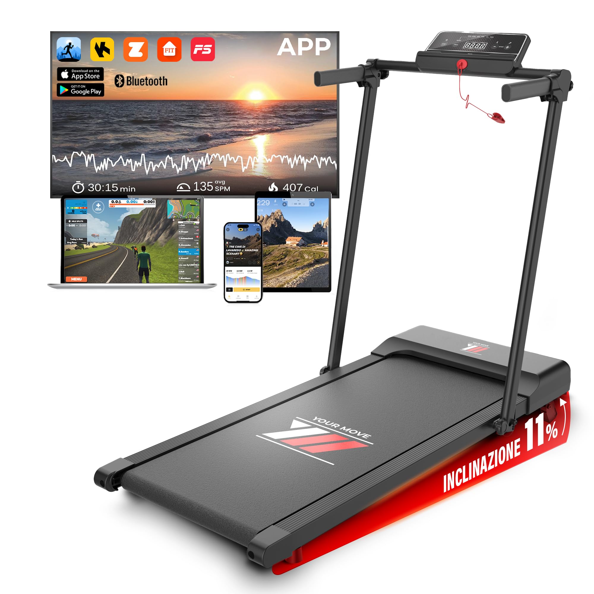 YM Tapis Roulant Salvaspazio Elettrico 12 km/h, Tappeto Corsa MAXI 42cm, MARCHIO ITALIANO, Telaio Rinforzato, INCLINAZIONE, Pieghevole, 12 Programmi, NEXT 1000 Your Move ASSISTENZA ITALIA