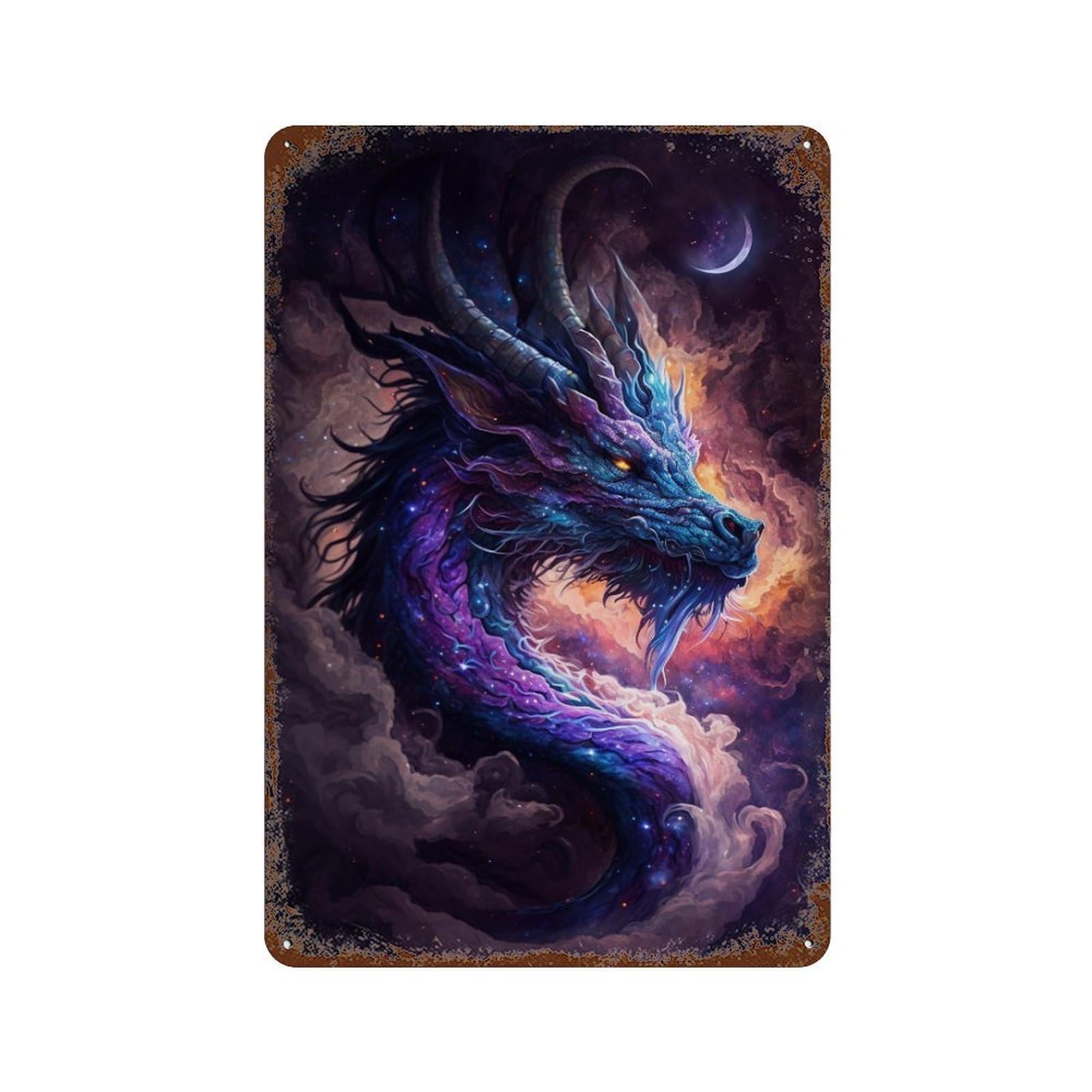 Rust Effect Galactic Dragon Art Print -3 Distressed Metal Wall Sign 11.8"x7.9", Shabby Chic Decor for Pub, Kitchen And Man Cave Decor