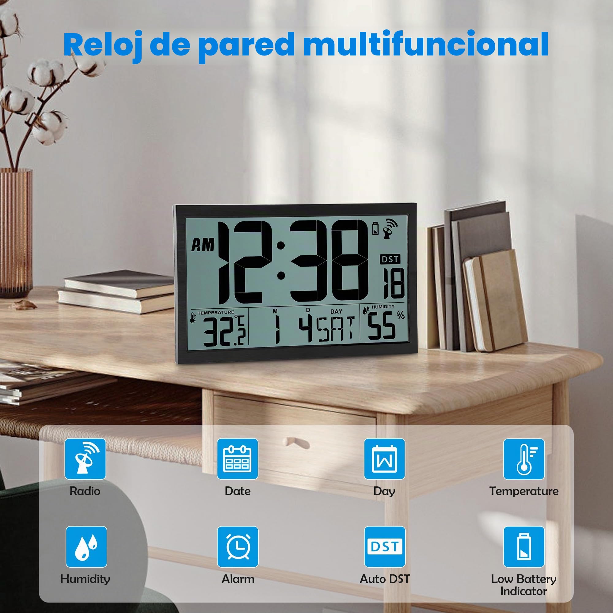 Sukeen Reloj de pared LCD controlado por radio, grande, digital, funciona con pilas, reloj atómico de escritorio de 16.7 pulgadas con temperatura, humedad, fecha, día, DST para oficina en casa