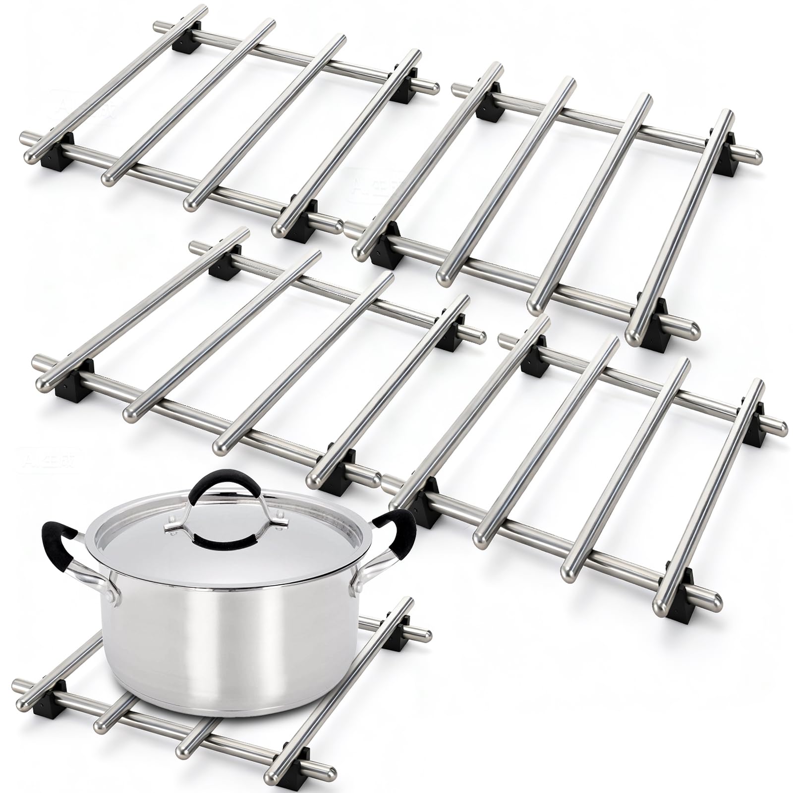 WUWEOT 4 Pcs Stainless Steel Trivet for Hot Dishes, 18 x 18 cm Mini Cooling Rack, Heat-Resistant Steel Dining Protector Mats with Rubber Anti-Slip Feet for Hot Pots, Pans, and Bakeware