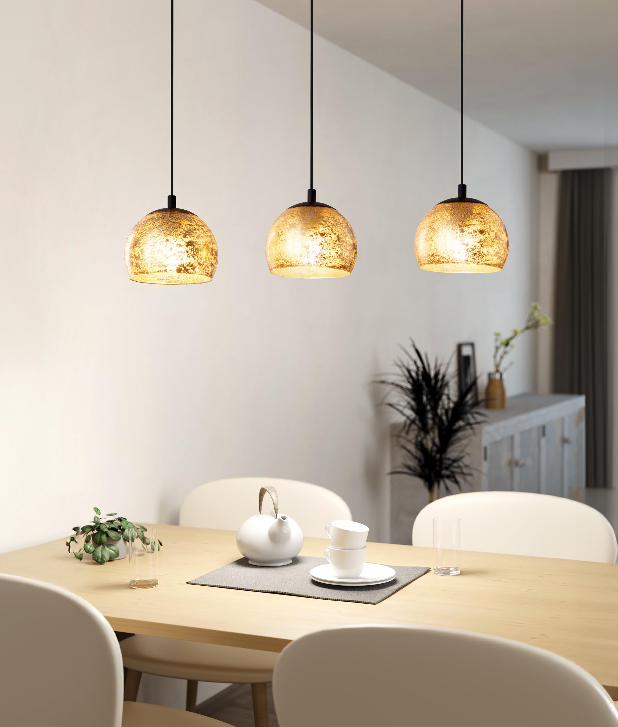 Eglo lámpara colgante Alabraccin, luminaria de techo de 3 luces para mesa | de comedor, luz pendiente de metal en negro y cristal en oro, iluminador de comedor colgante, E27, 78 cm