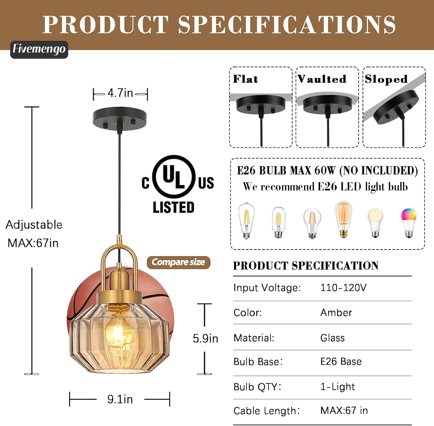 9in Mid Century Modern Amber Glass Pendant Light Fixture, Small Gold Kitchen Island Pendants Light Glass Ceiling Hanging Lamp for Foyer Dining Room Bedroom Entryway Hallway Over Sink