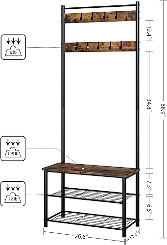 Miniatura 2 de AEPOALUA Árbol de pasillo con banco y almacenamiento de zapatos, 3 en 1, perchero con banco de zapatos con marco de metal, 9 ganchos extraíbles,
