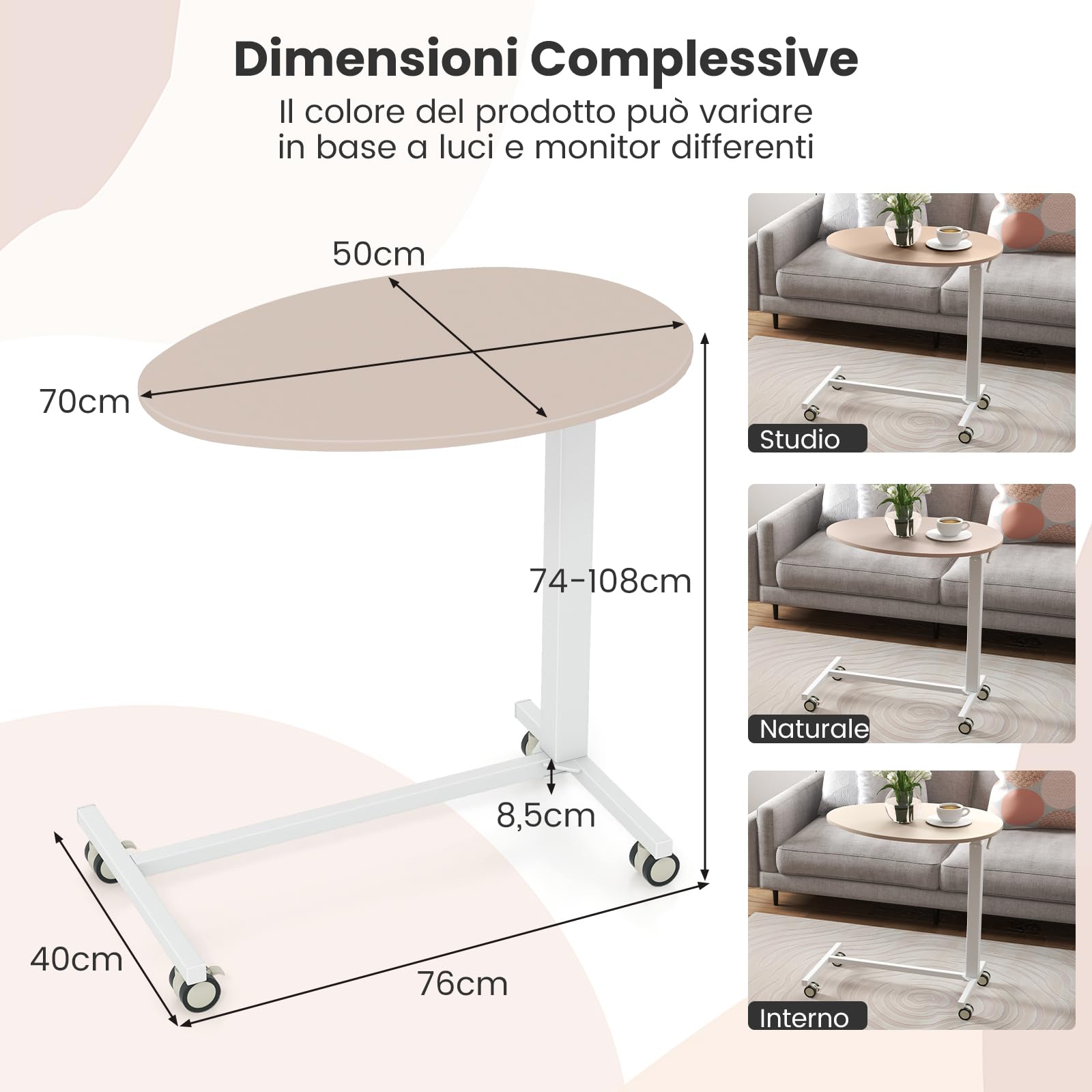 COSTWAY Tavolino da Letto e Divano per PC, Tavolino Regolabile in Altezza con Ruote Bloccabili e Piano Ovale, Tavolo per Mangiare e Lavorare, 76 x 50 x 74-108 cm