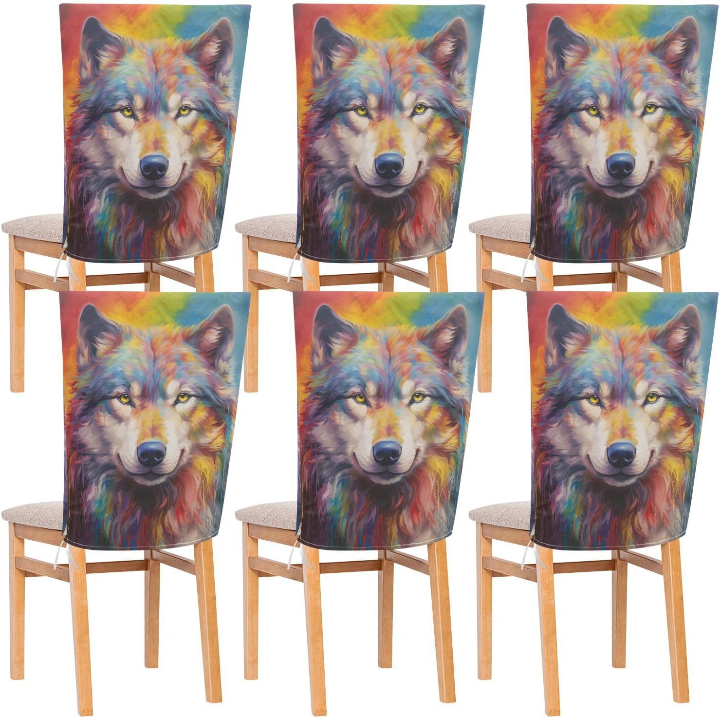 ALAZA Rainbow Color Wolf Chair Back Cover Set of 6, Washable Reusable Removable Chair Slipcovers Decorative Chair Cover for Home Kitchen Wedding Party