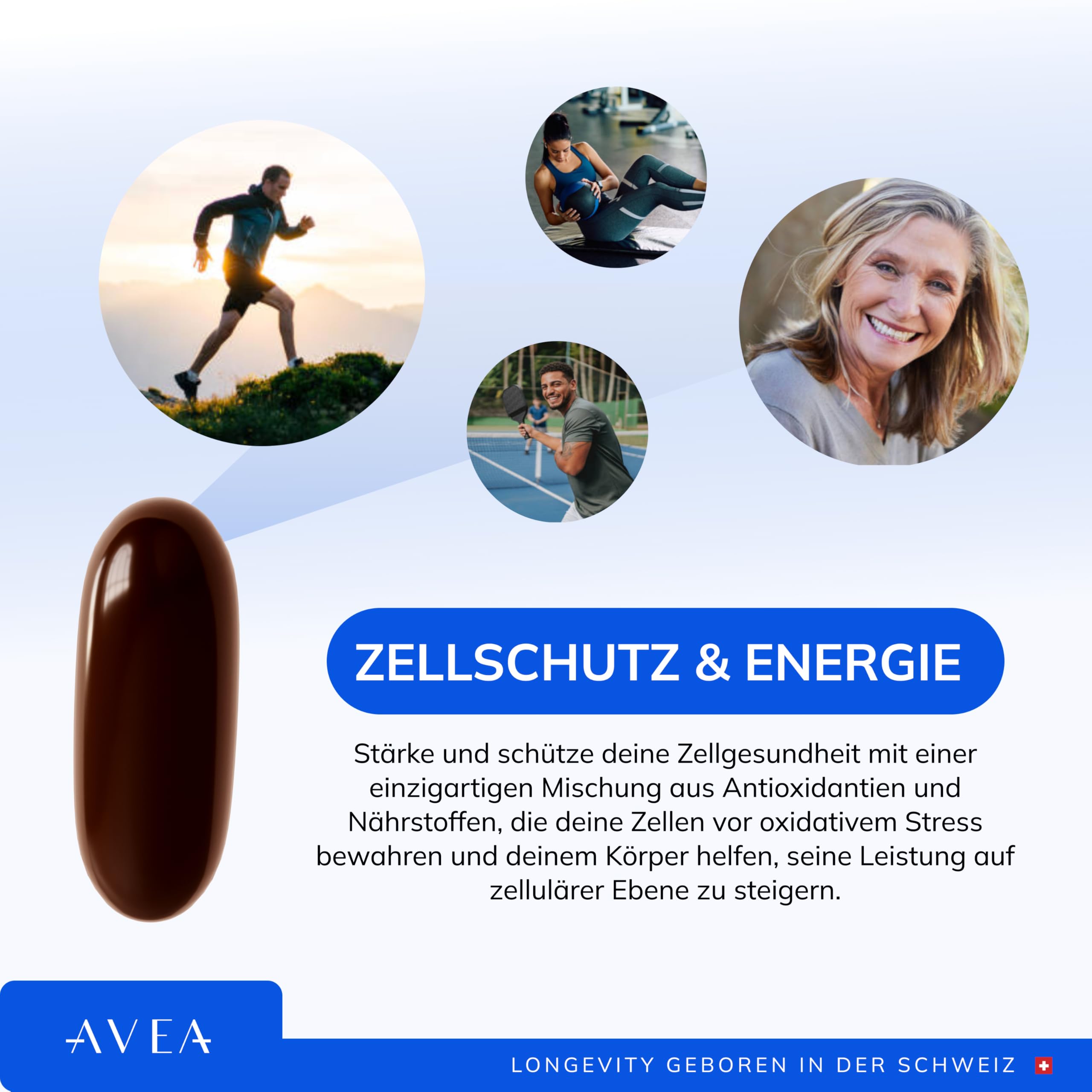AVEA NAD+ Booster Softgel-Kapseln - Entwickelt in der Schweiz - Natürliches Immunitäts - Supplement mit Trans-Resveratrol, CoEnzym Q10 & Pterostilben - Schützt vor oxidativem Stress