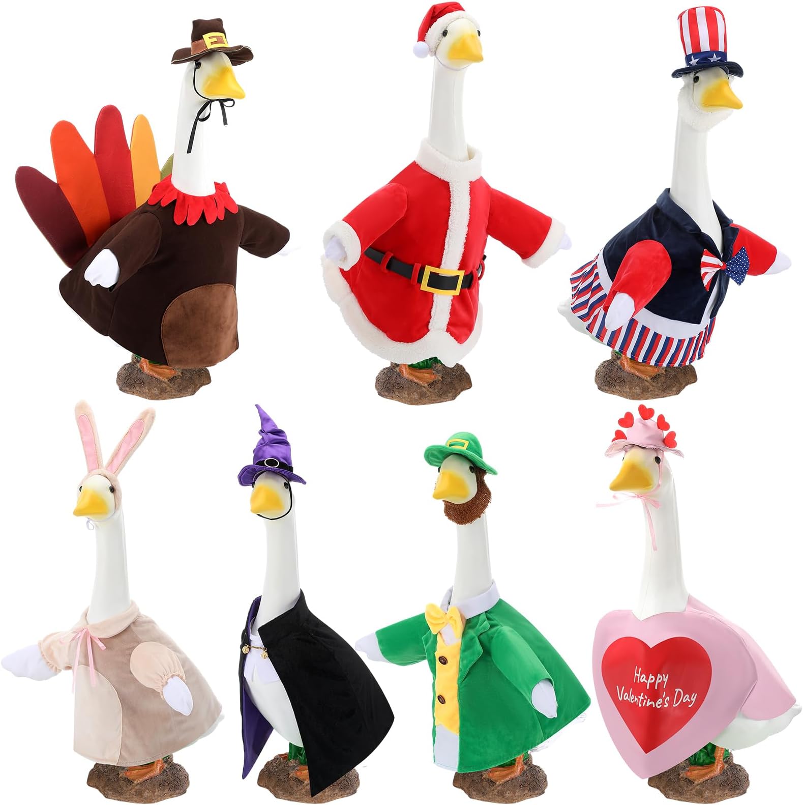 7 Sets Seasonal Goose Outfits, Witch Santa Turkey Bunny Independence Valentine St. Patrick Festivals Lawn Goose Clothing for 23'' Goose Garden Patio Yard Porch Outdoor Decorations