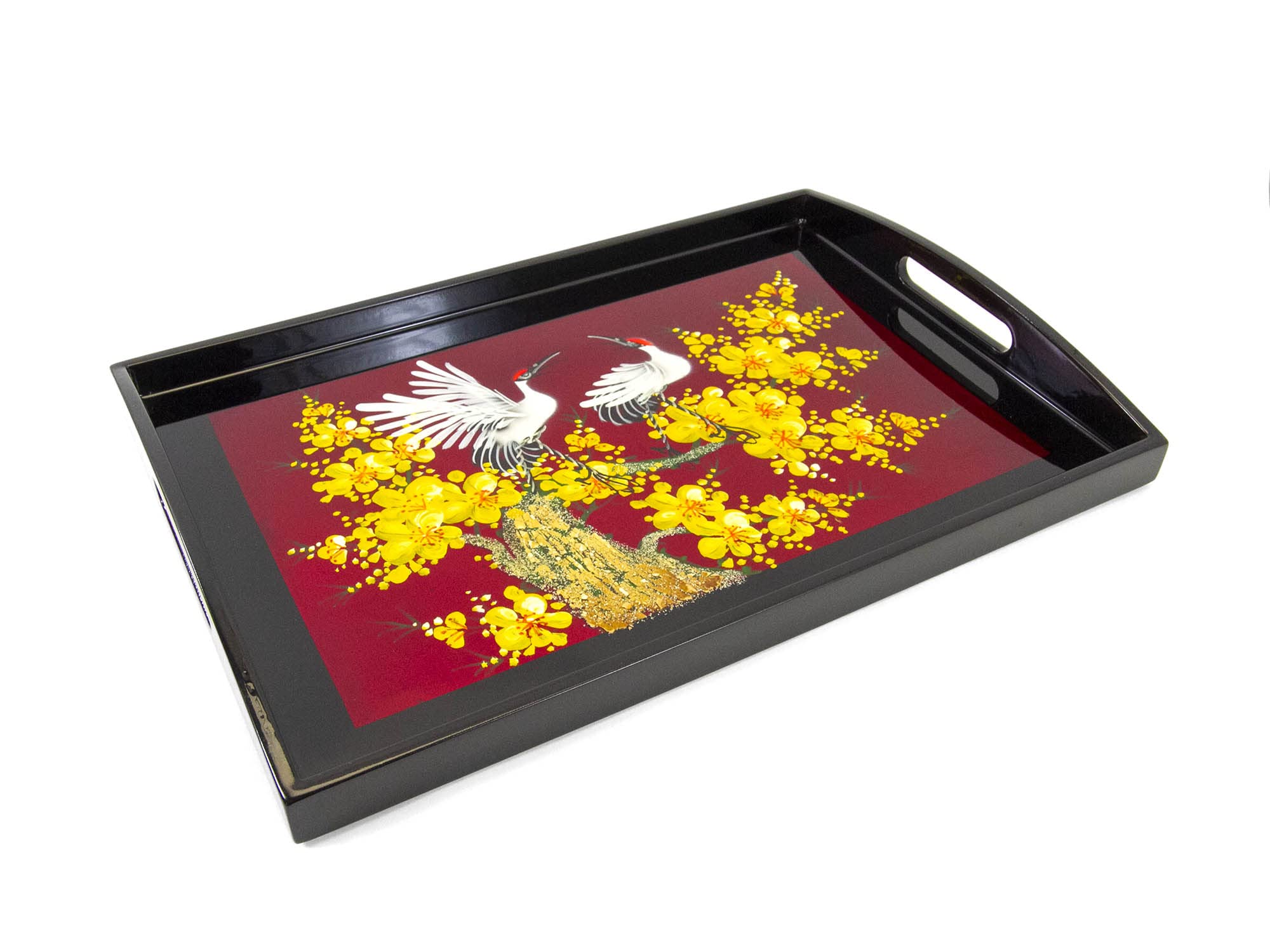 Plateau en Bois Laqué Rouge et Noir “Grues et Fleurs de Cerisier”, Fait Main, L39 x 28cm - Plateau de Service avec Poignée - Artisanat du Vietnam et Déco Asiatique (S39-4959-39)