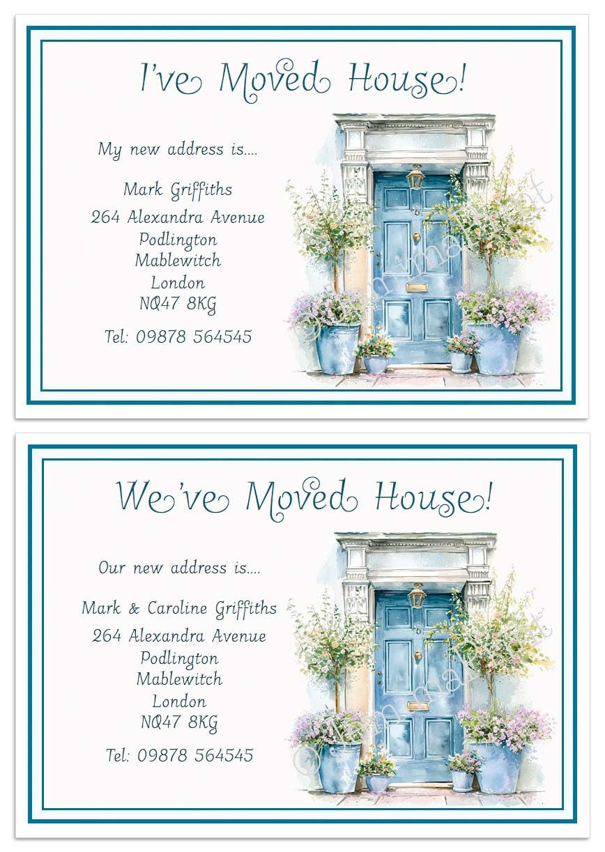 10 Personalised change of address cards, moving house, new home, blue, A6