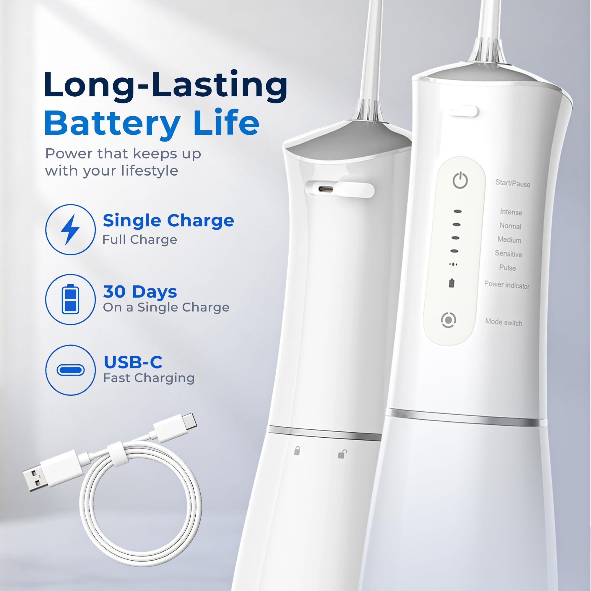 Hevva Irrigador dental de agua de 300 ml, tanque de agua de gran tamaño, recargable, IPX7, impermeable, púa de dientes, portátil, inalámbrica, irrigador bucal, máquina de limpieza de hilo dental