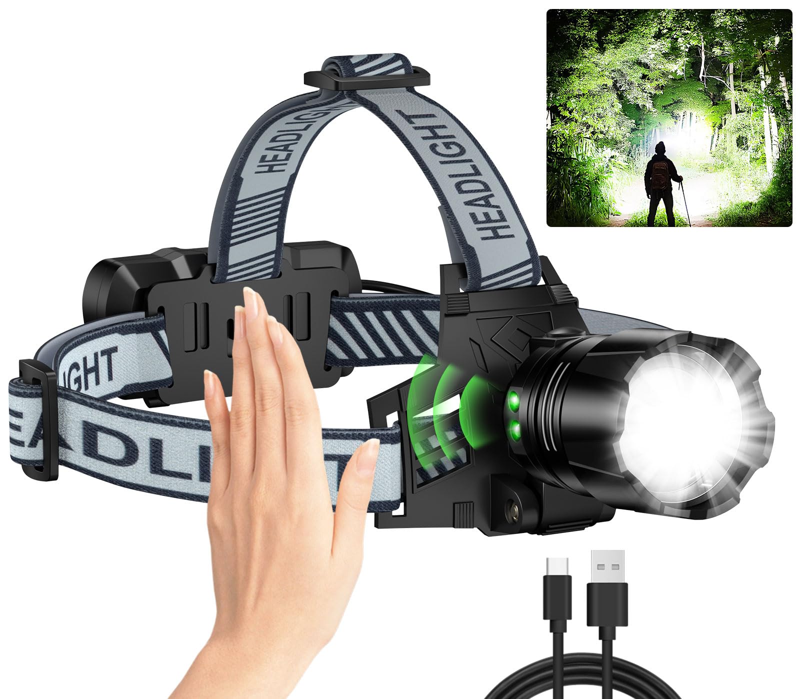 Headlamp Rechargeable, 99000 LM Super Bright LED Head Lamp with Motion Sensor & 3 Modes, 90° Adjustable Head Lights for Forehead, 20+Hrs Runtime &
