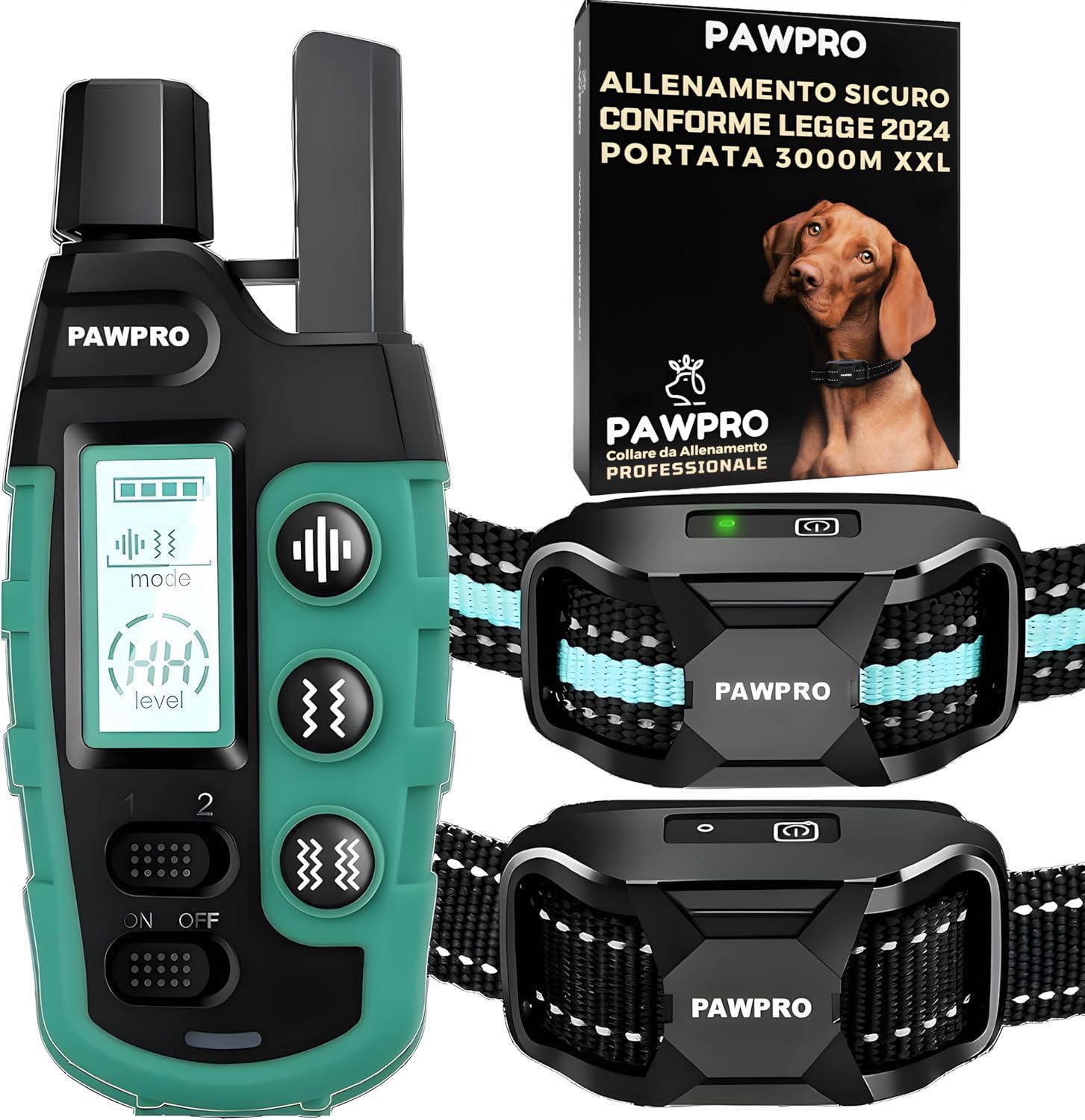 PAWPRO Collare da Addestramento per Cani | Portata XXL di 3000 m | Conforme Nuova Legge Benessere Animali 2024 | 3 moda Beep, Vibrazione, Boost Vibrazione | Per cani di Tutte le Taglie (2 Collari)