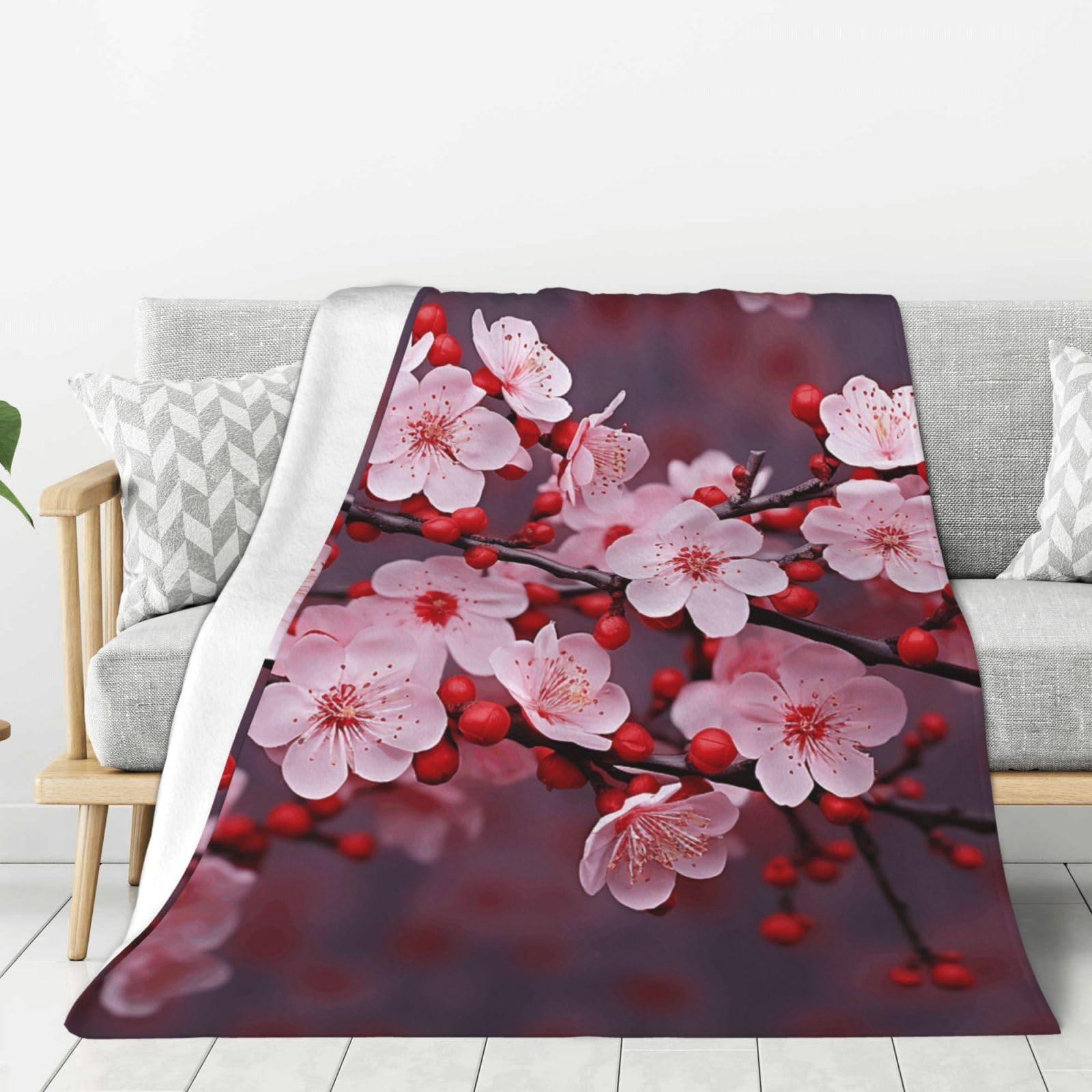 Pink Plum Blossom Throw Blanket Plush Flannel Fleece Blanket, Soft Lightweight Cozy Blankets 60"X50" for Bed Couch Sofa Travel