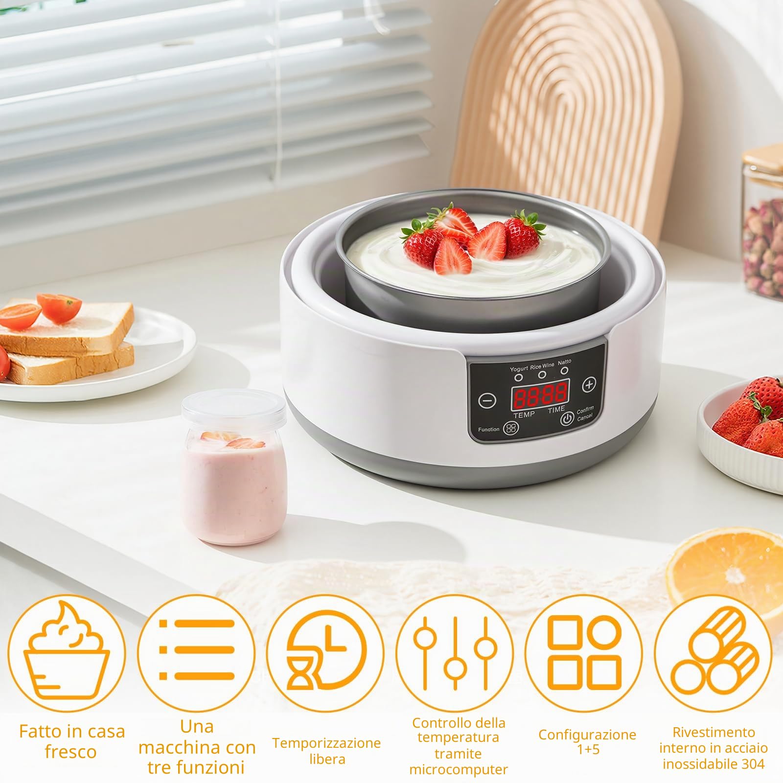 Euakee Yogurtiera, Yogurtiera Elettrica, 5 Vasetti in Vetro 100 ml, per Fino a 1,2L di Yogurt Fatto in Casa, Termostato Regolabile e Display Digitale, per Preparazione Domestica di Yogurt e Natto