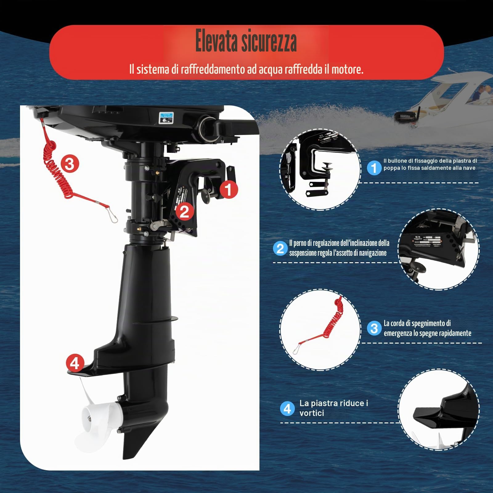 Motore fuoribordo a 4 tempi, 123 cc, 6,5 CV, 6000 giri/min, capacità serbatoio 12 l, raffreddato ad acqua, accensione CDI, avviamento manuale, motore fuoribordo per barche pneumatiche, barche da pesca