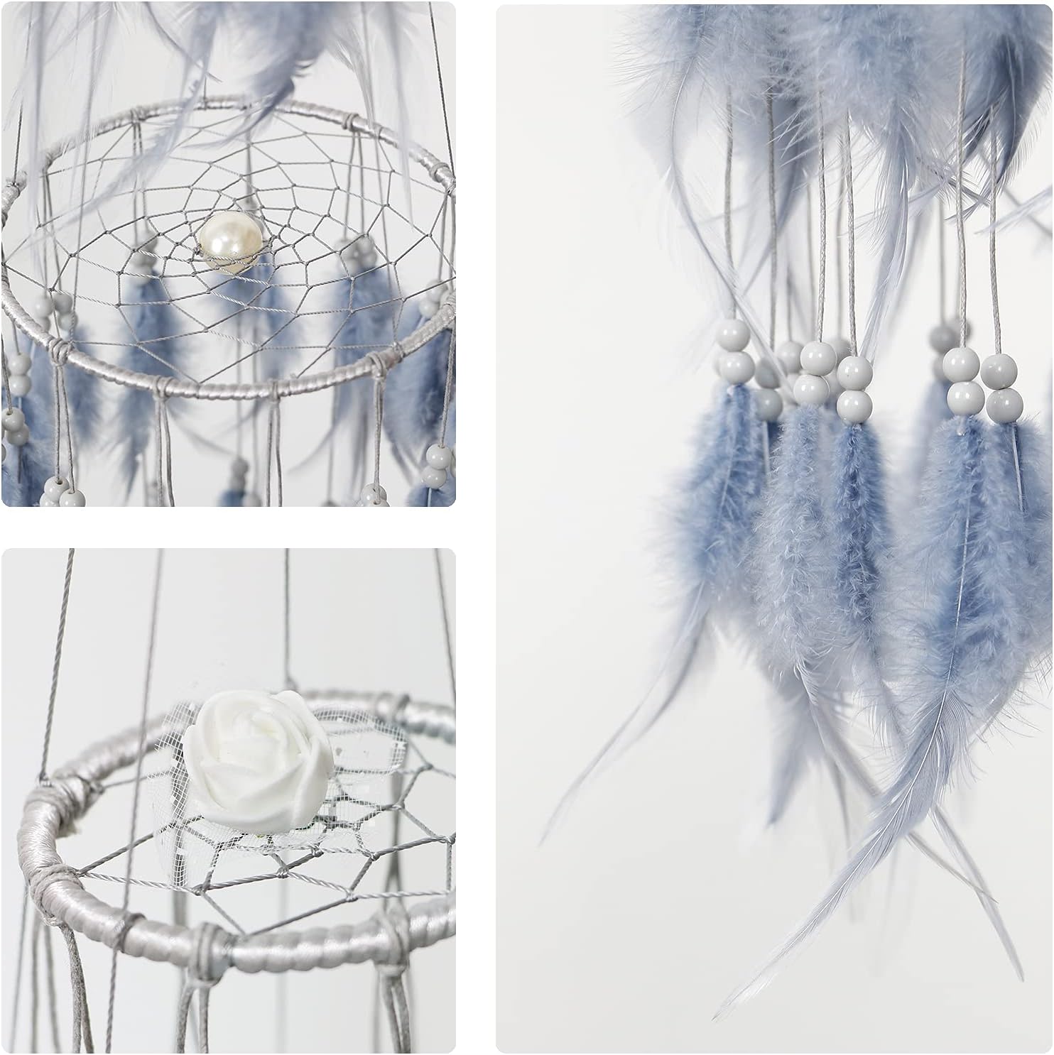 Dremisland Double Circle White Feather Dream Catcher with Mobile LED Fairy Lights Wall Hanging Ornaments Ceiling Decor for Bedroom Decor Wedding Decorations Boho Chic Party Nursery Decor (Grey)