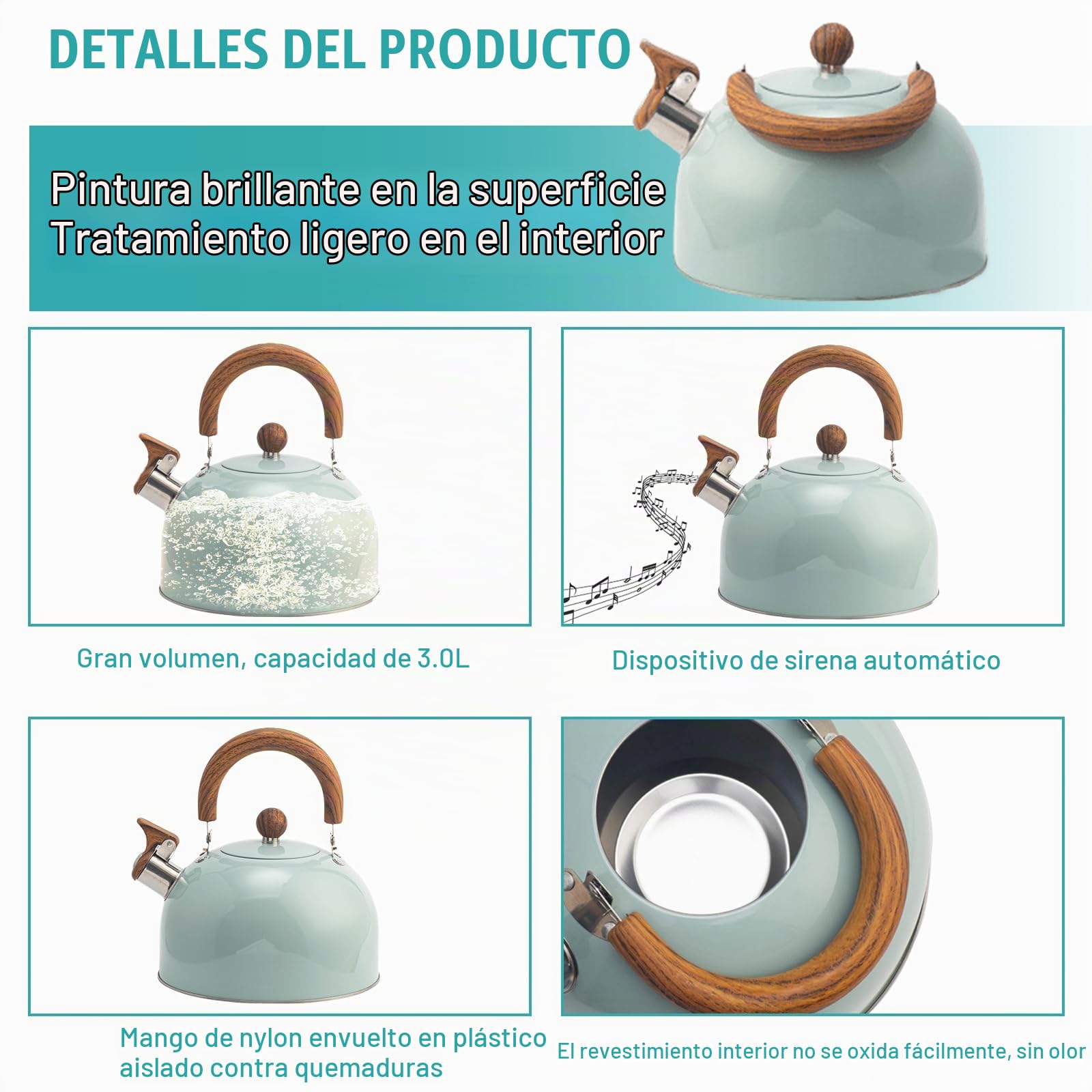 Hervidor de agua de 3 L, acero inoxidable, estilo retro, para todo tipo de cocinas, flautas, silbato con asa, tetera con silbato automático, hervidor de agua moderno de inducción para cocina de gas e