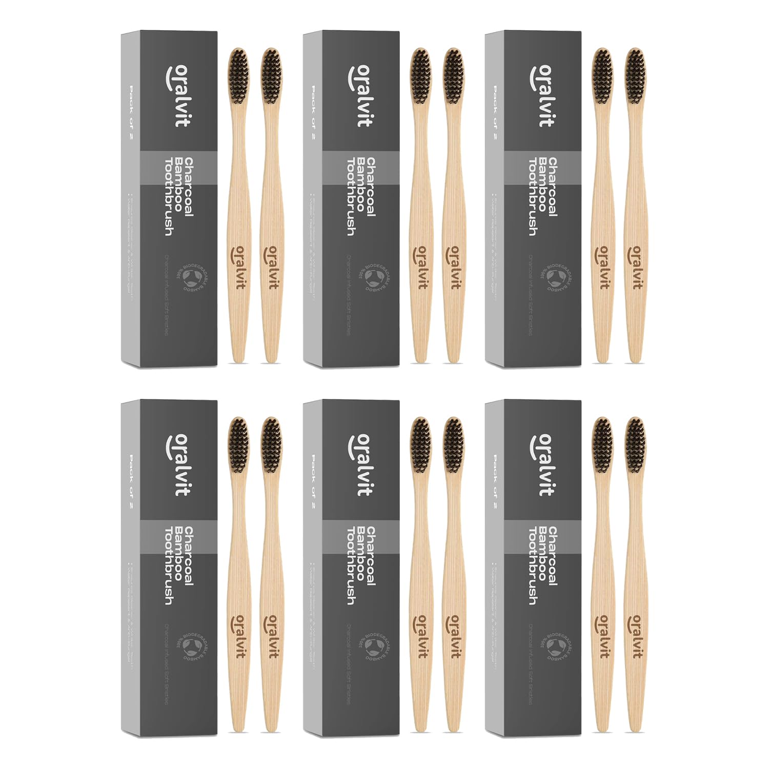 Oralvit Bamboo Charcoal Toothbrush 100% Natural | Anti-bacterial & Biodegradable | Eco-Friendly | For Adults & Kids | BPA Free - Pack of 2 (Pack of 6) (B0C7G8N849) Amazon Price History, Amazon Price Tracker