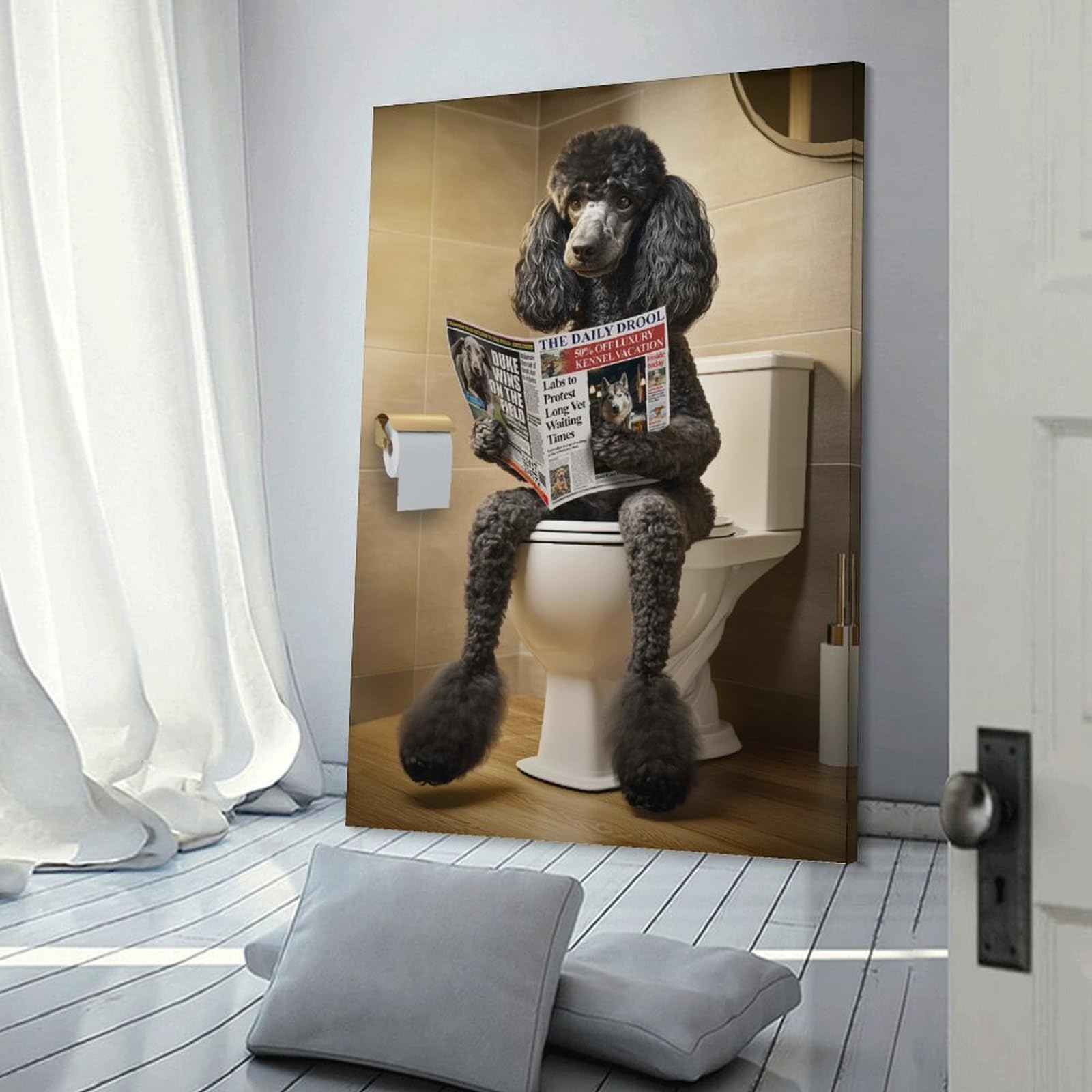 Junmoney Frame-Style-24 Poodle On The Toilet Wall Decor Canvas Print, 24X36inch(60X90cm), For Flats, Guest Rooms Or Compact Rooms, A Simple Refresh For Blank Walls