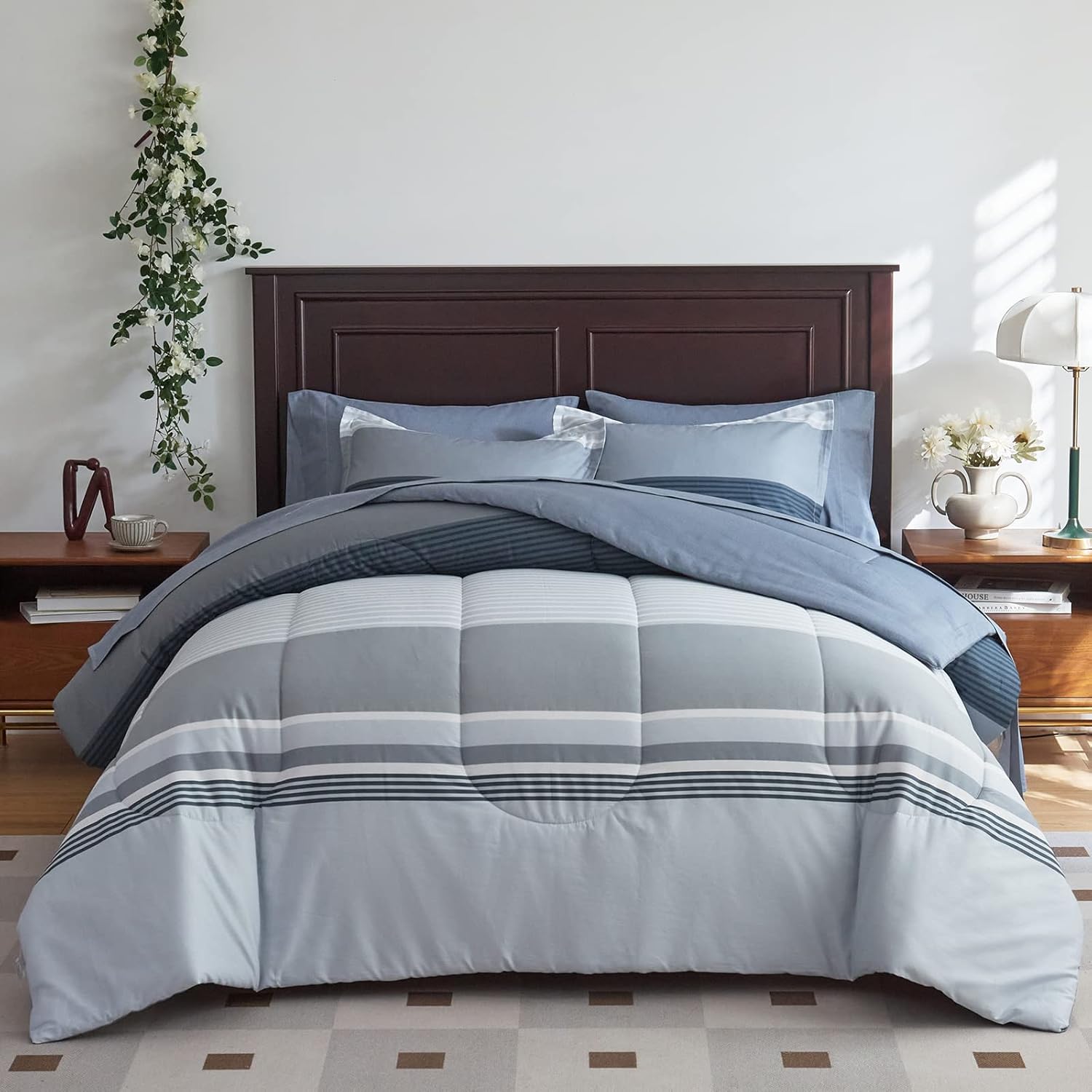 UOZZI BEDDING Cotton Comforter Sheet Set Twin Size 6 Pieces Bed in a Bag with White Gray Stripes Soft Bed Set (1 Comforter 1 Pillow Shams 1 Flat Sheet 1 Fitted Sheet 2 Pillowcases) Gray Stripes Twin-6 Pieces