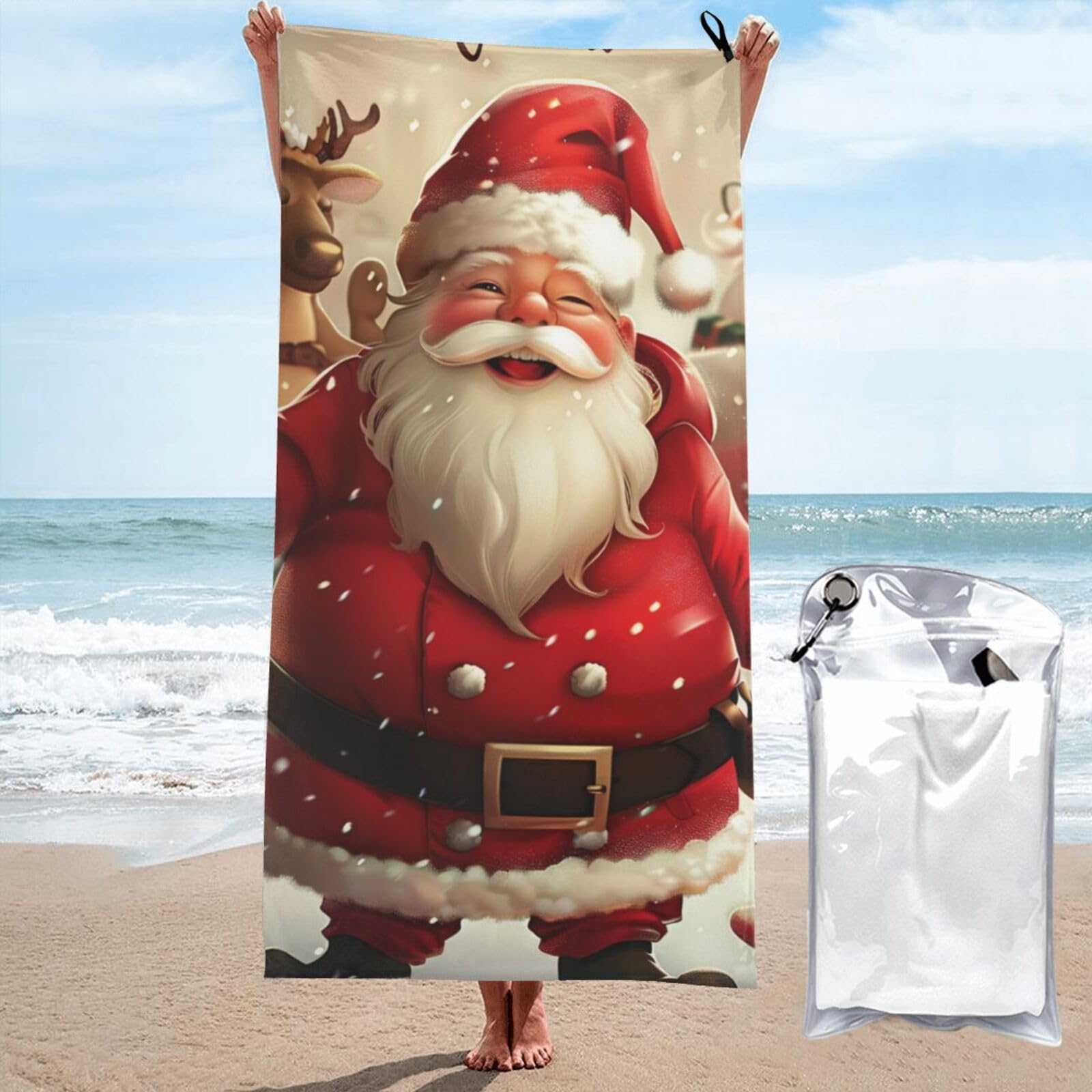 kkvhhyuo Microfiber Beach Towel, Merry Christmas Printed Lightweight Quick Dry Travel Bath Sheet with Compact Carry Bag for Swimming Yoga Camping Gym,31.5"x63"