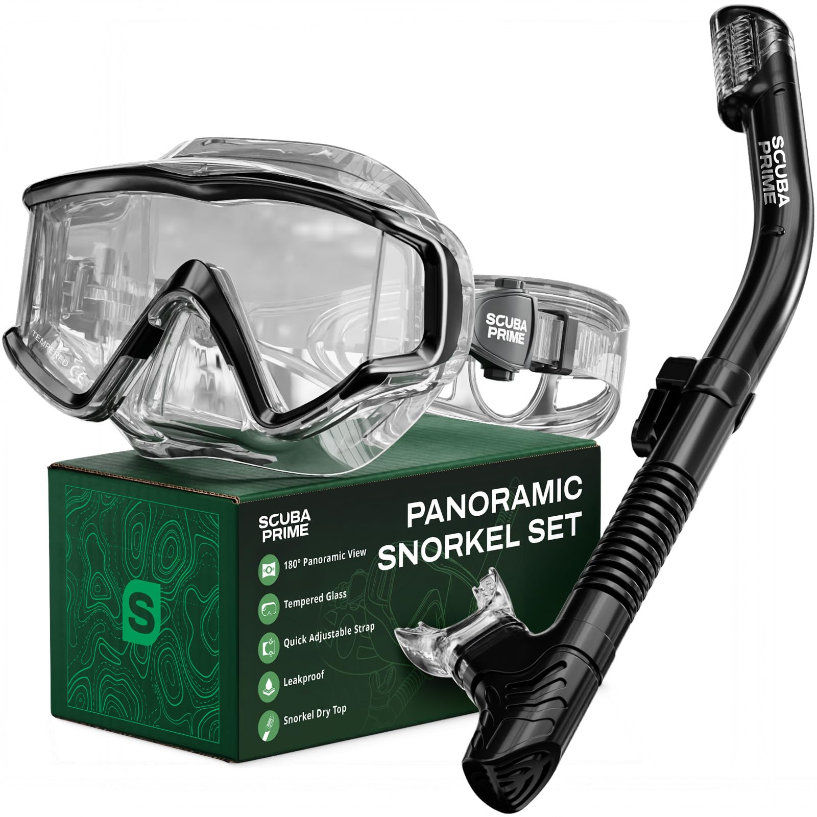 Scuba Prime Pano 3 180° Panoramic Dive Mask, Three-Window Tempered Glass Scuba Mask with Dry Top Snorkel, Dual-Layer Silicone Skirt Anti-Leak Diving Gear for Men Women Teens Adults, Crystal Clear