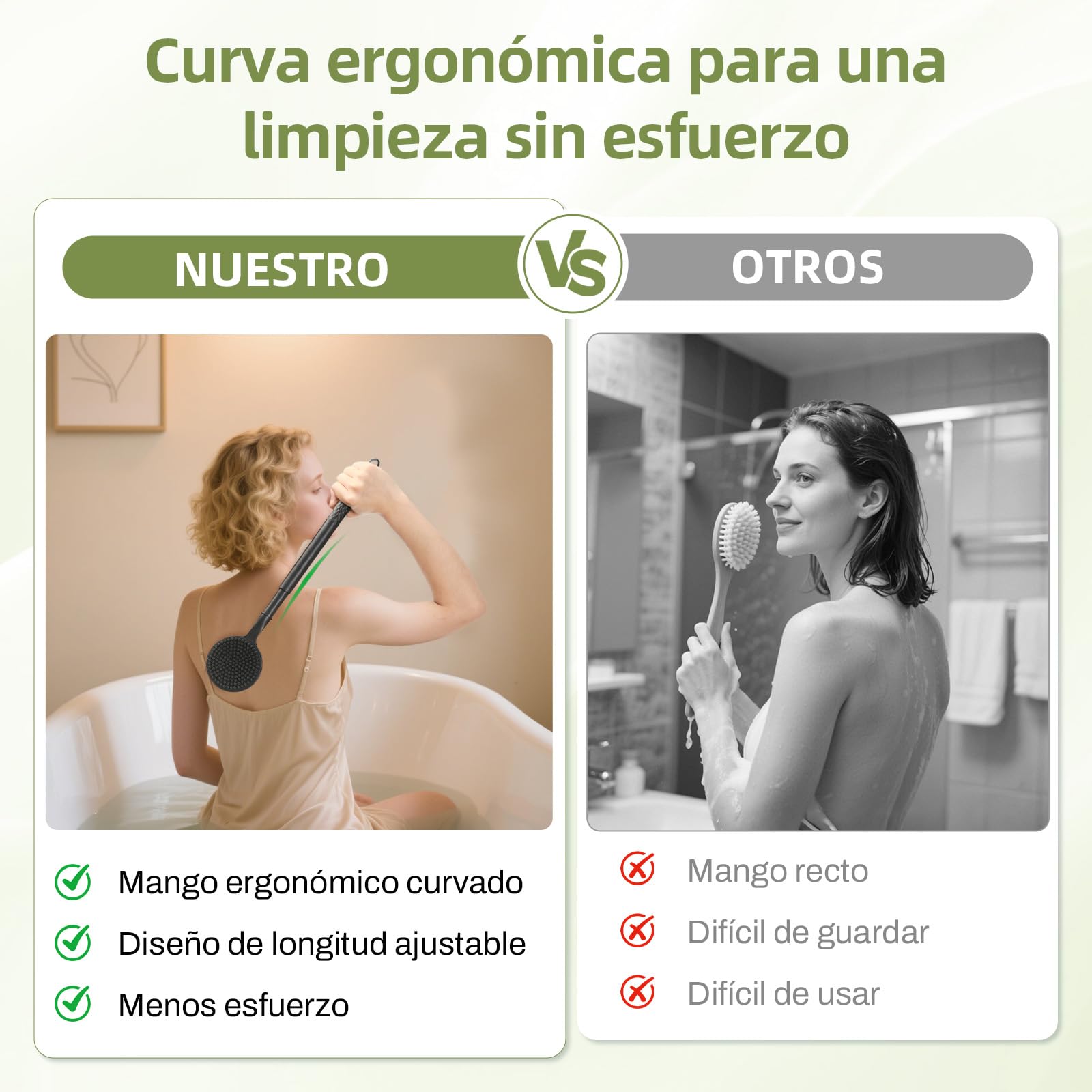 Cepillo de espalda telescópico con mango largo, 58,5 cm, cepillo de ducha de doble cara para exfoliar la ducha y masajes