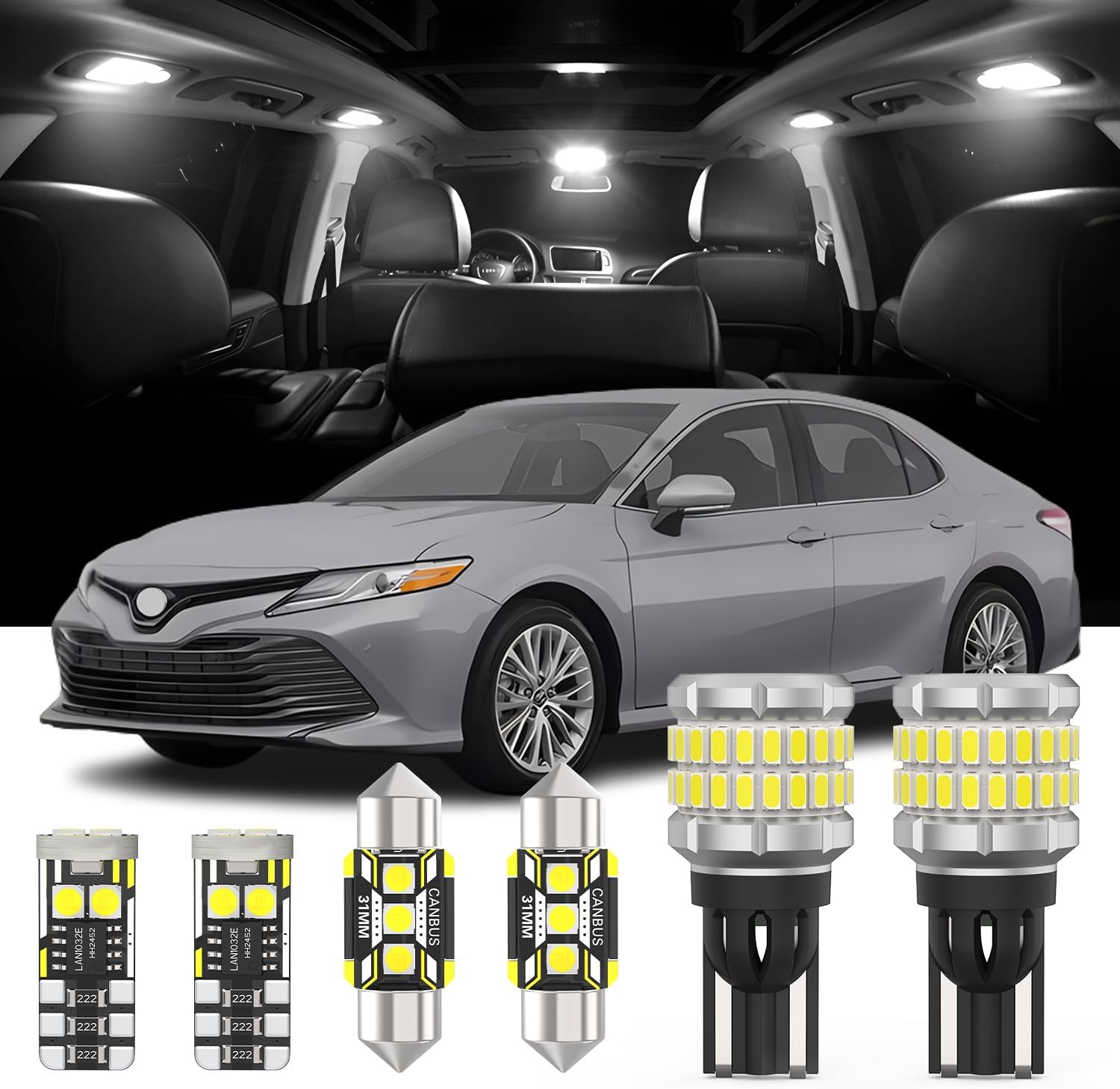AENVTOL 14 Pieces Interior LED Light Kit + Back Up Bulb Reverse Lights Replacement for Toyota Camry 2007-2023 White LED Backup Light + Interior Bulb Package, Install Tool