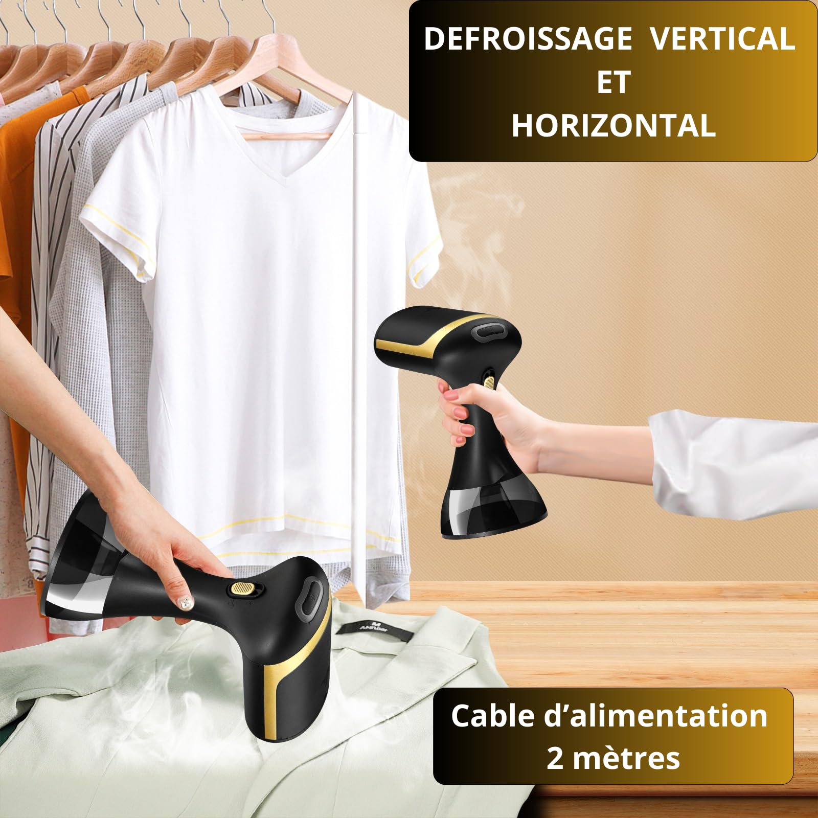 Défroisseur Vapeur Portable 1500W – Réservoir 300ml – Chauffe Rapide & Compact – Défroisseur à Main Puissant pour Vêtements, Chemises, Robes, Rideaux – Idéal Voyage et Maison – Noir & Doré