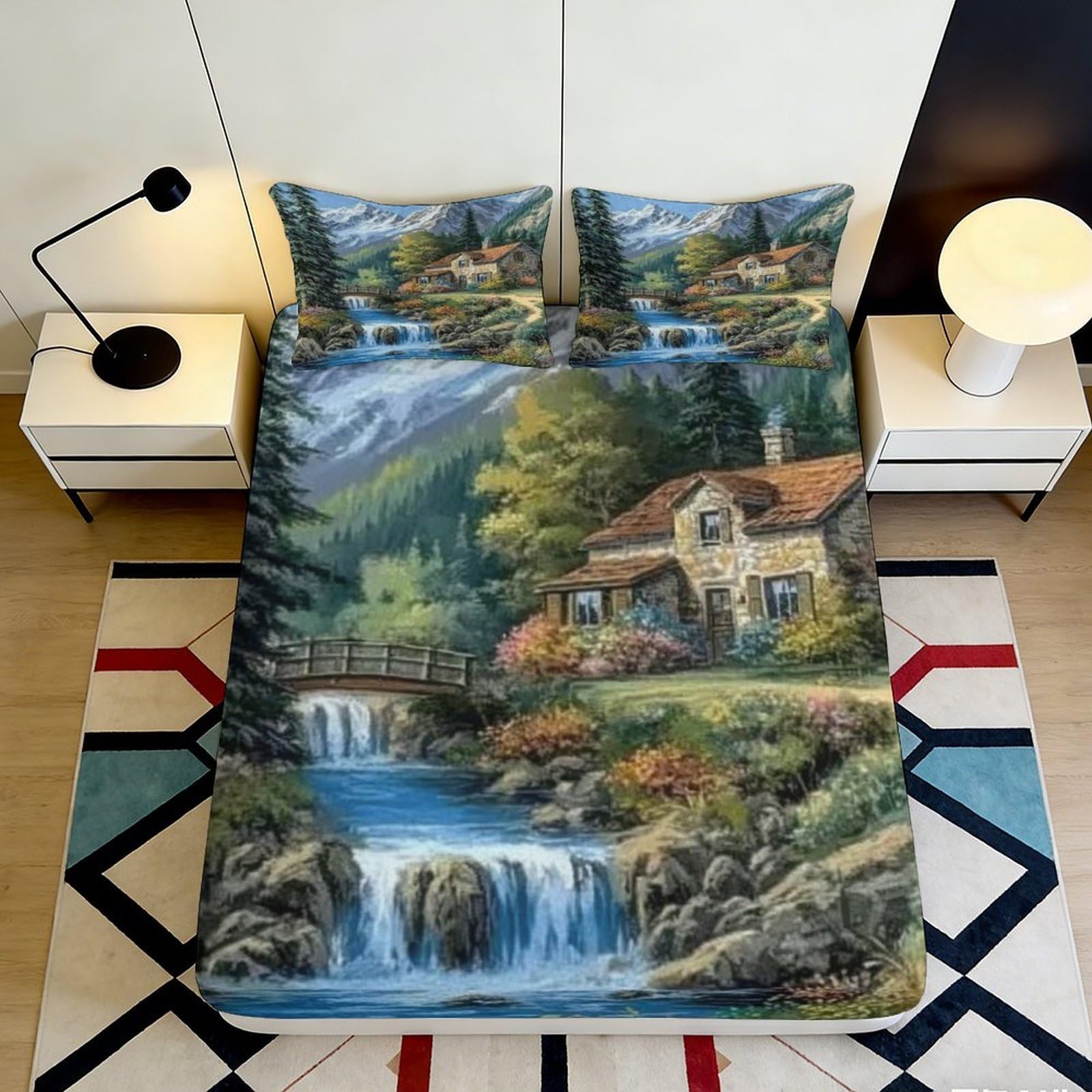 3D Printed Scenic Landscape Fitted Sheet Microfiber Soft Breathable Countryside Waterfall Bed Cover for Bedroom Dormitory Guest Room Mattress Protection 90x200x25cm