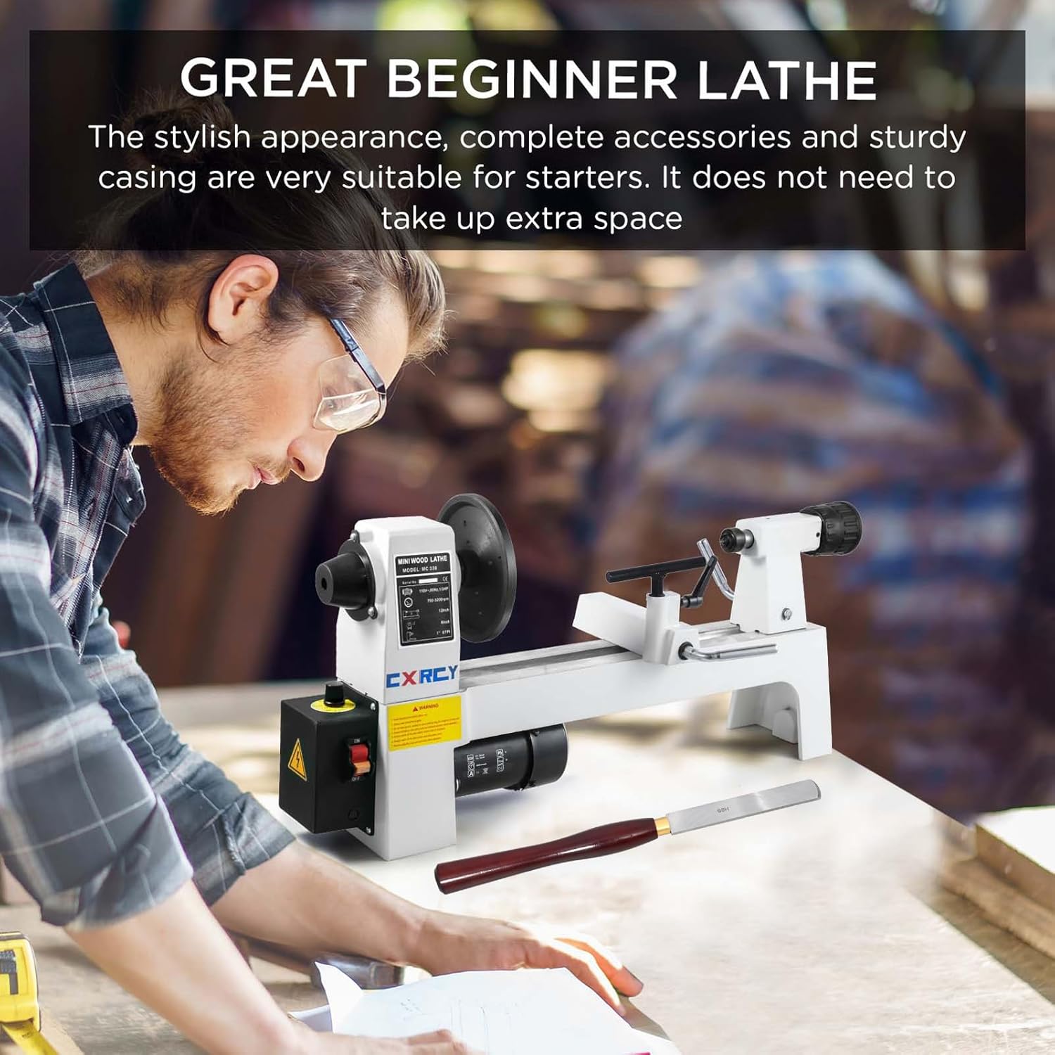 User operating the CXRCY Mini Benchtop Wood Lathe